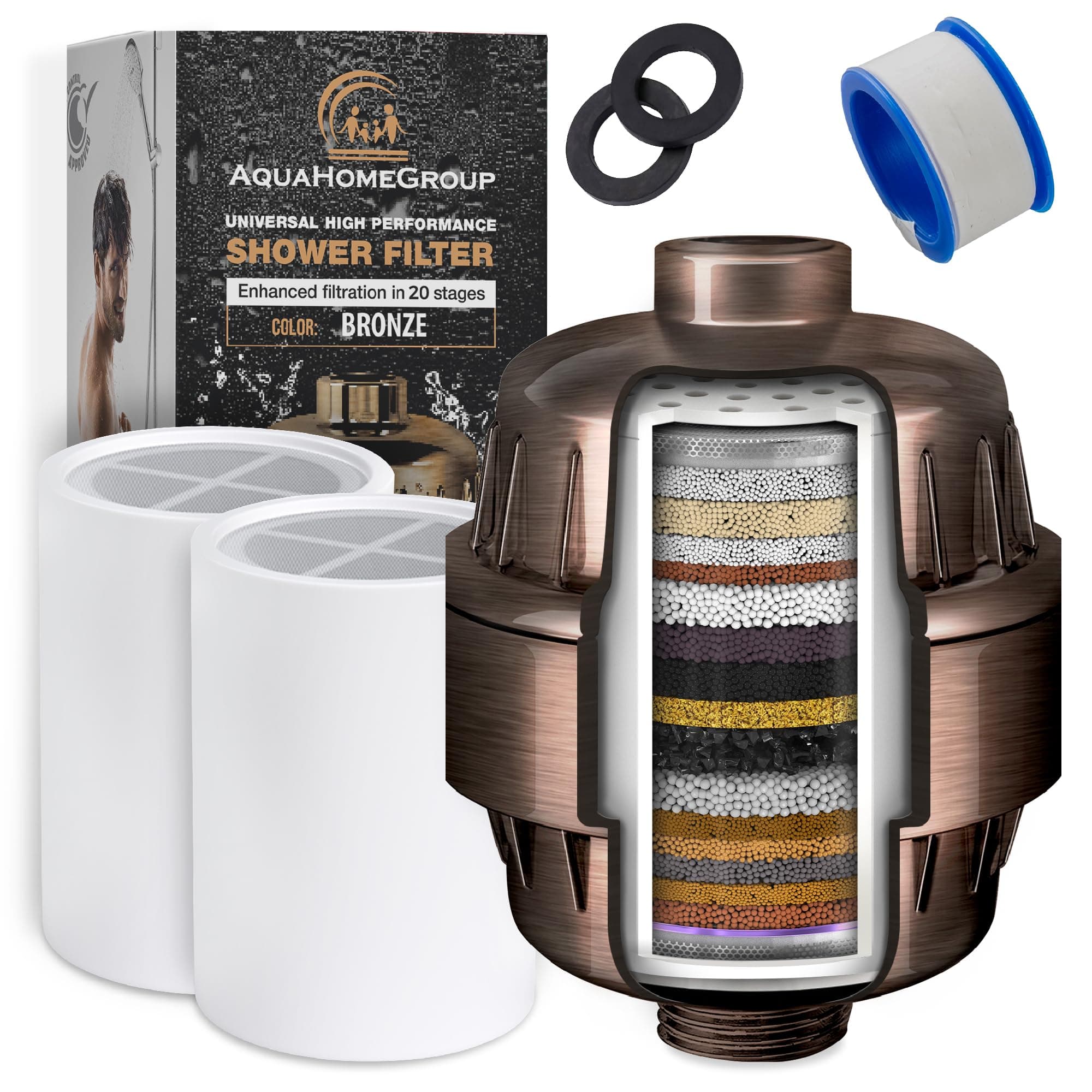 - AquaHomeGroup 20 Stage Shower Filter with Vitamin C E - High Output Shower Water Filter to Remove Chlorine and Fluoride - 2 Cartridges Included -Consistent Water Flow Showerhead Filter