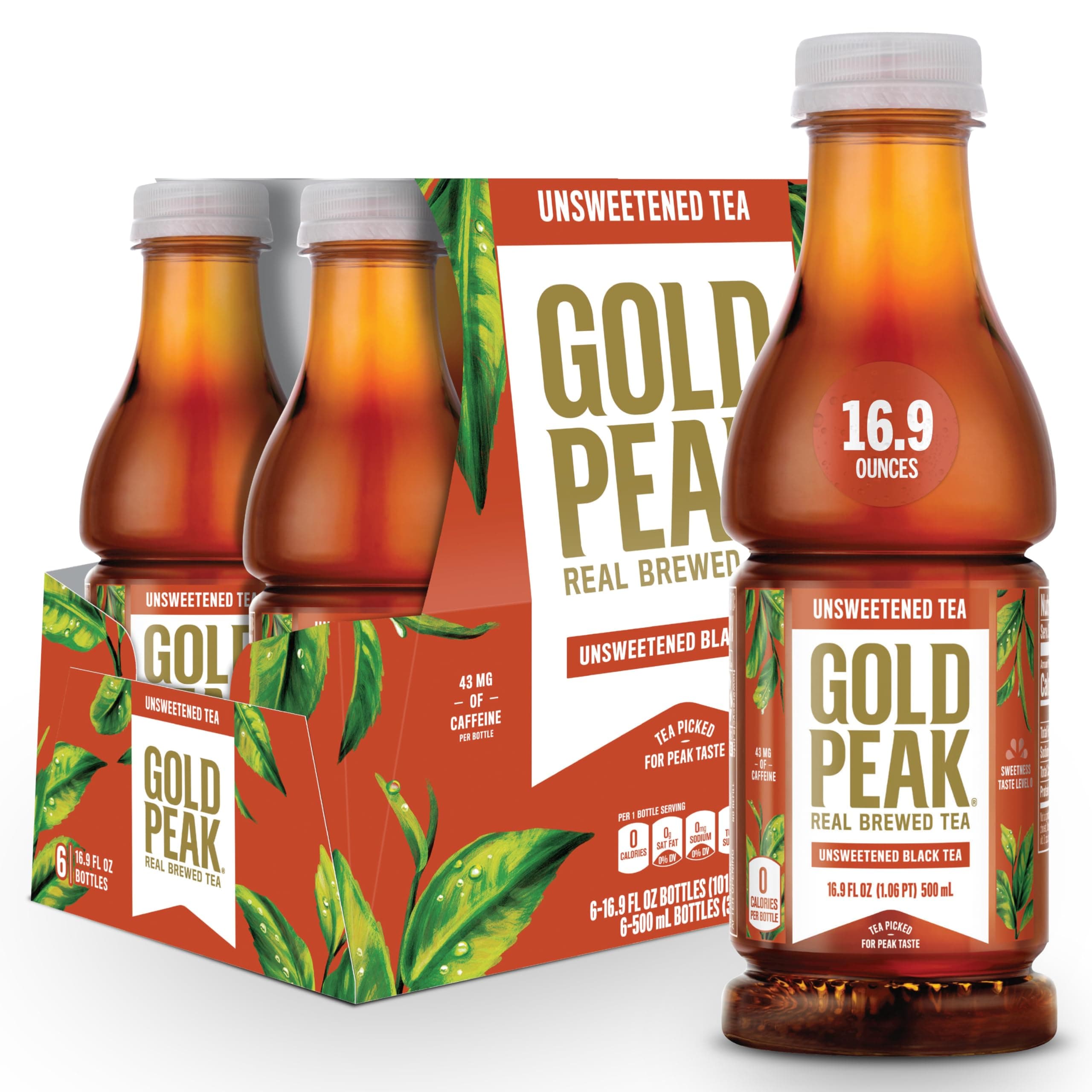 Gold Peak Unsweetened Black Iced Tea Drink, 16.9 fl oz, 6 Pack