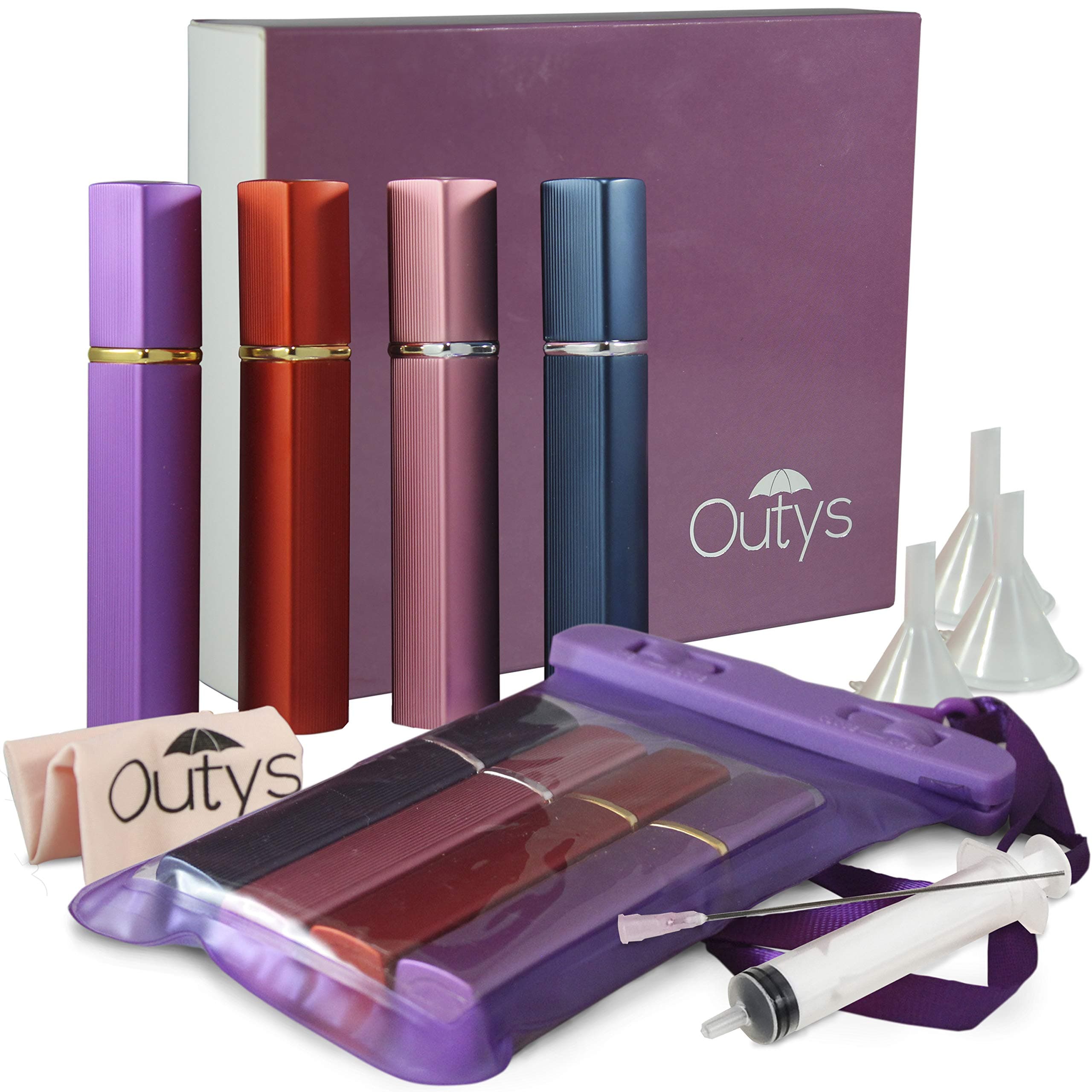 Refillable Travel Perfume Atomizer Bottle Kit (11 Piece) Mini Empty Glass Bottles with Fine Mist Spray Waterproof Carrying Bag Leak-Free Refill Set in Gift Box by Outys (12ml)