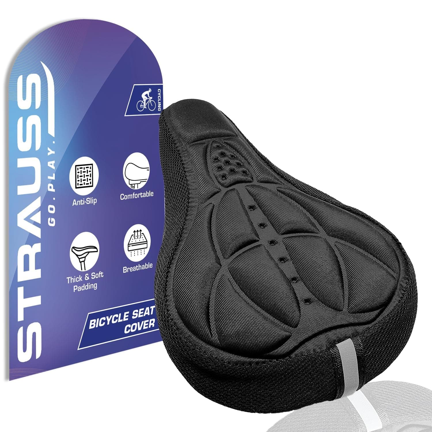 STRAUSS Sponge Saddle Seat Cover with Anti-Slip Granules & Soft, Thick Padding | Superior Comfort, Breathable Design | Comes with Adjustable Rope Straps & Fits All Cycles, (Black)