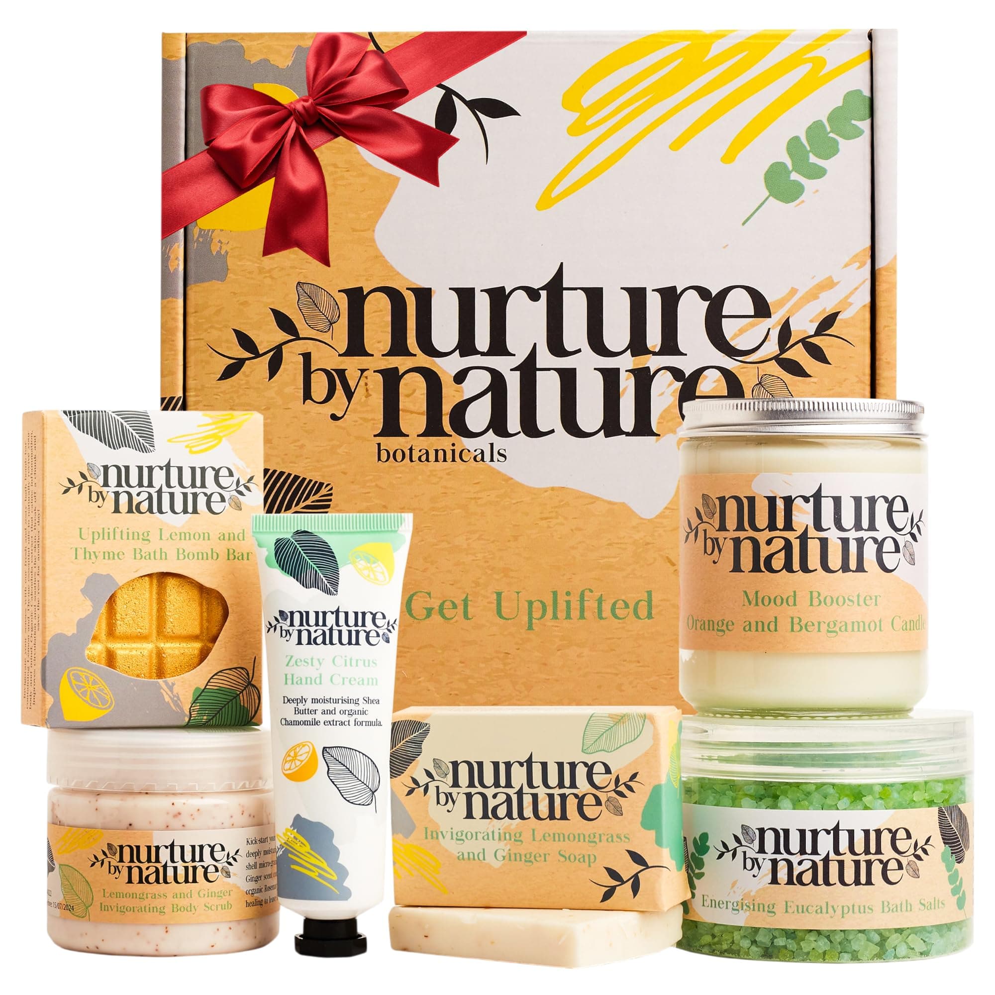 Nurture by Nature RELAX & UPLIFT Spa Kit for Women – Birthday Gifts for Women – 6 Piece Gift Basket with Hand Soap, Body Scrub, Hand Cream & More - Vegan Self Care Kit - Relaxation Gifts for Her