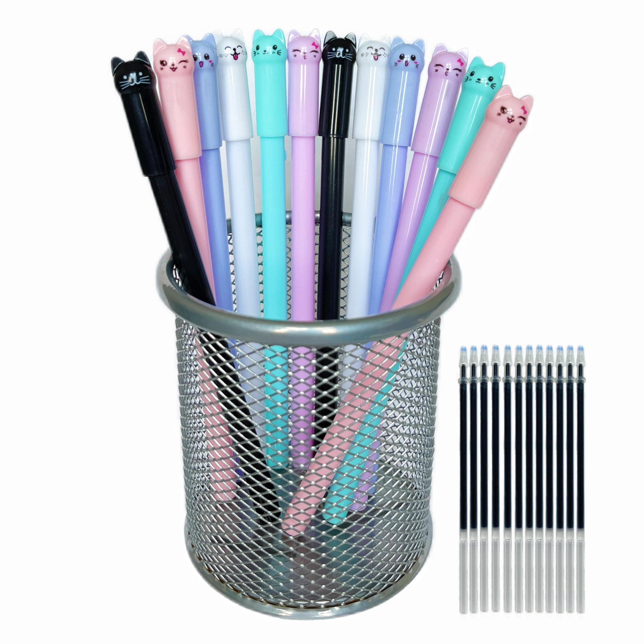 Cat Pens, 12pcs Cute Cat Style Gel Pens with 0.5mm Black Ink, Fun Gifts for Kids, School, Office