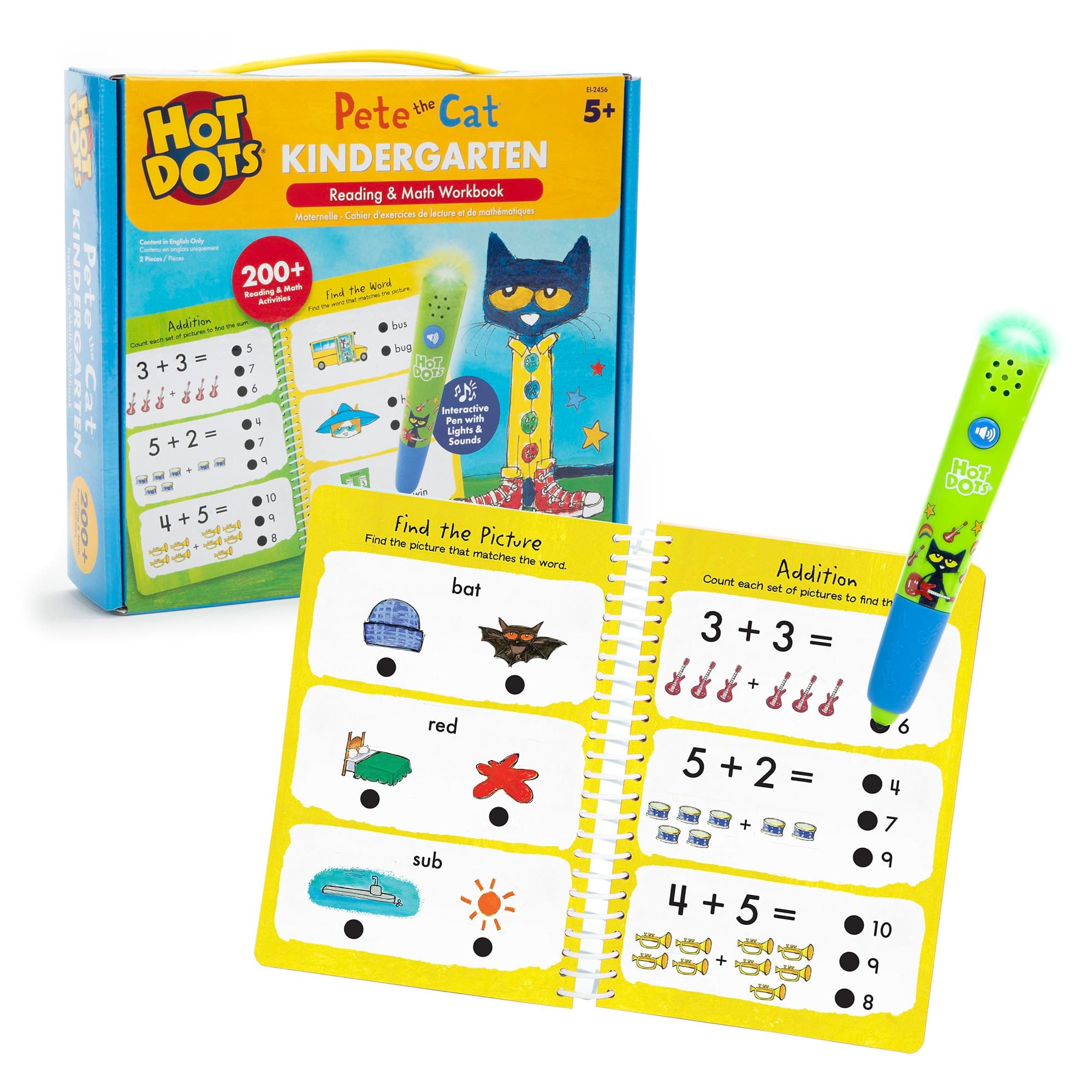 Educational Insights Hot Dots Pete The Cat Kindergarten Reading & Math Workbook, includes 200 Activites, Reading Games for Kids Ages 5+