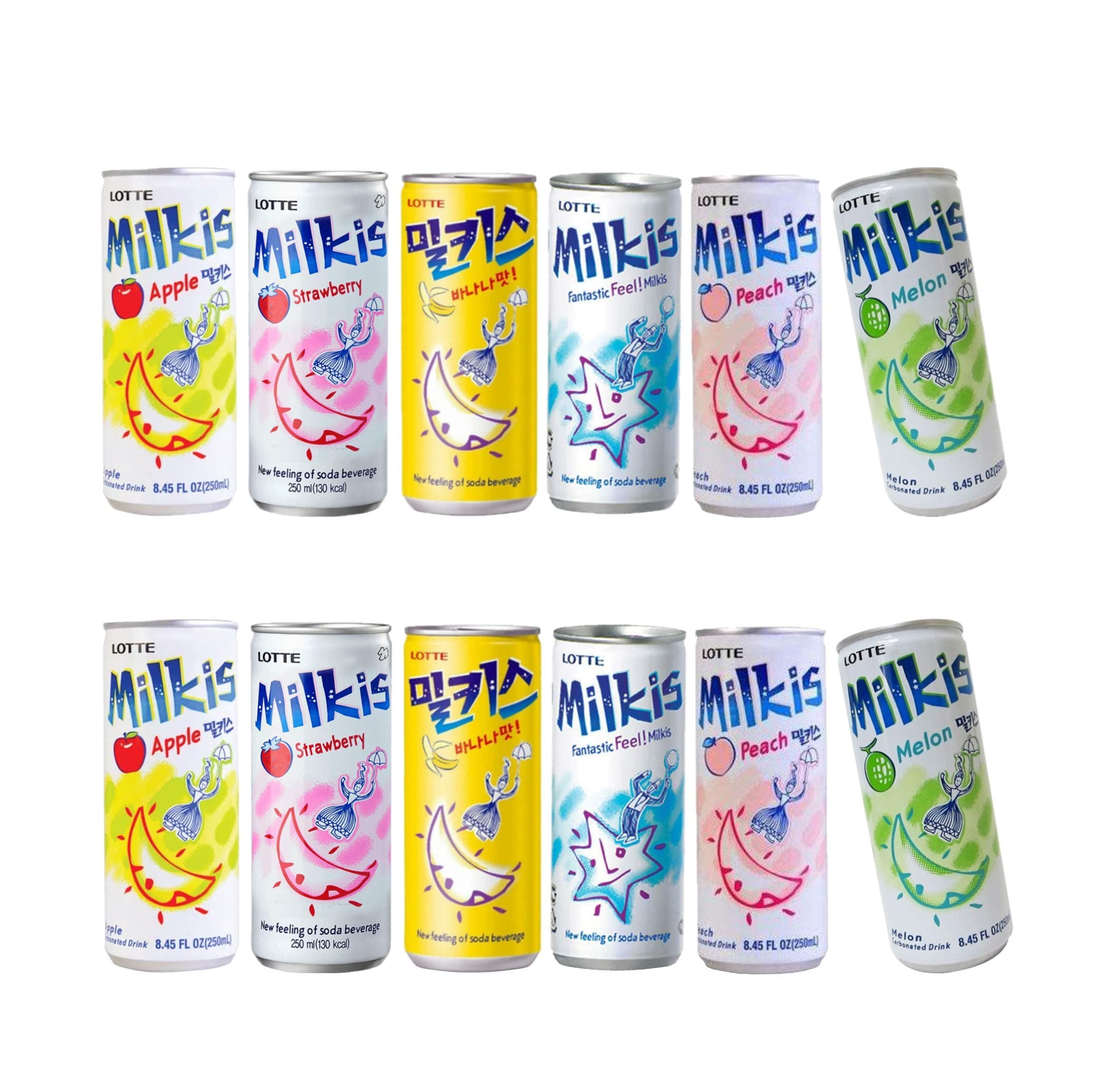 Lotte Milkis 6 Flavors Combo (Original, Apple, Melon, Peach, Banana, & Strawberry) (6 x 2 Cans, 8.45 FL Oz (Pack of 12))