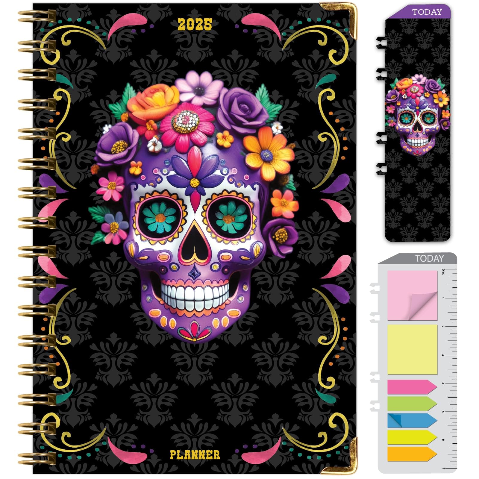 HARDCOVER 2025 Planner, 5.5"x8": 14 Months (November 2024 - December 2025), Daily Weekly Monthly Planner, Yearly Agenda, Bookmark, Pocket Folder and Sticky Note Set (Sugar Skull)