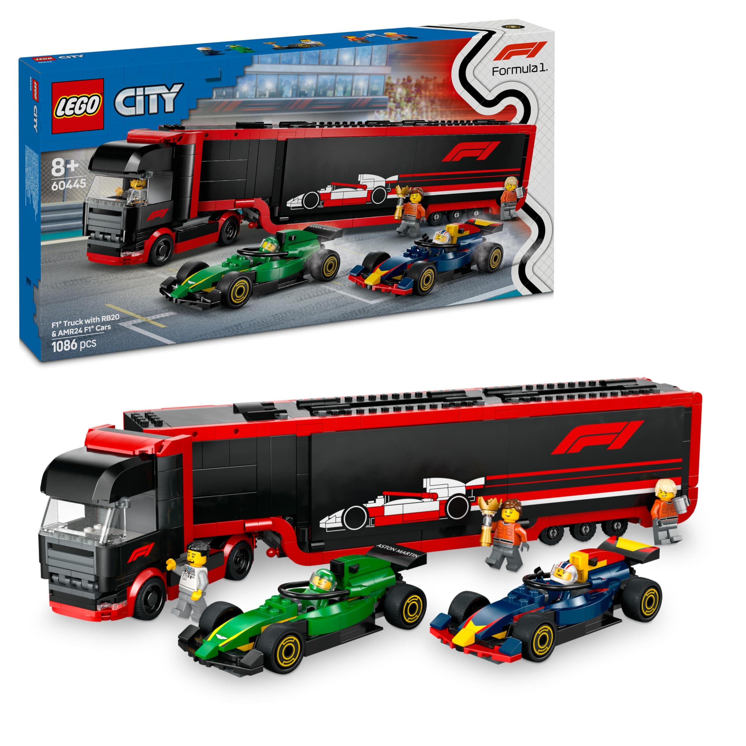 - City F1 Truck with RB20 & AMR24 F1 Cars Toy Race Vehicle Transporter Playset 60445