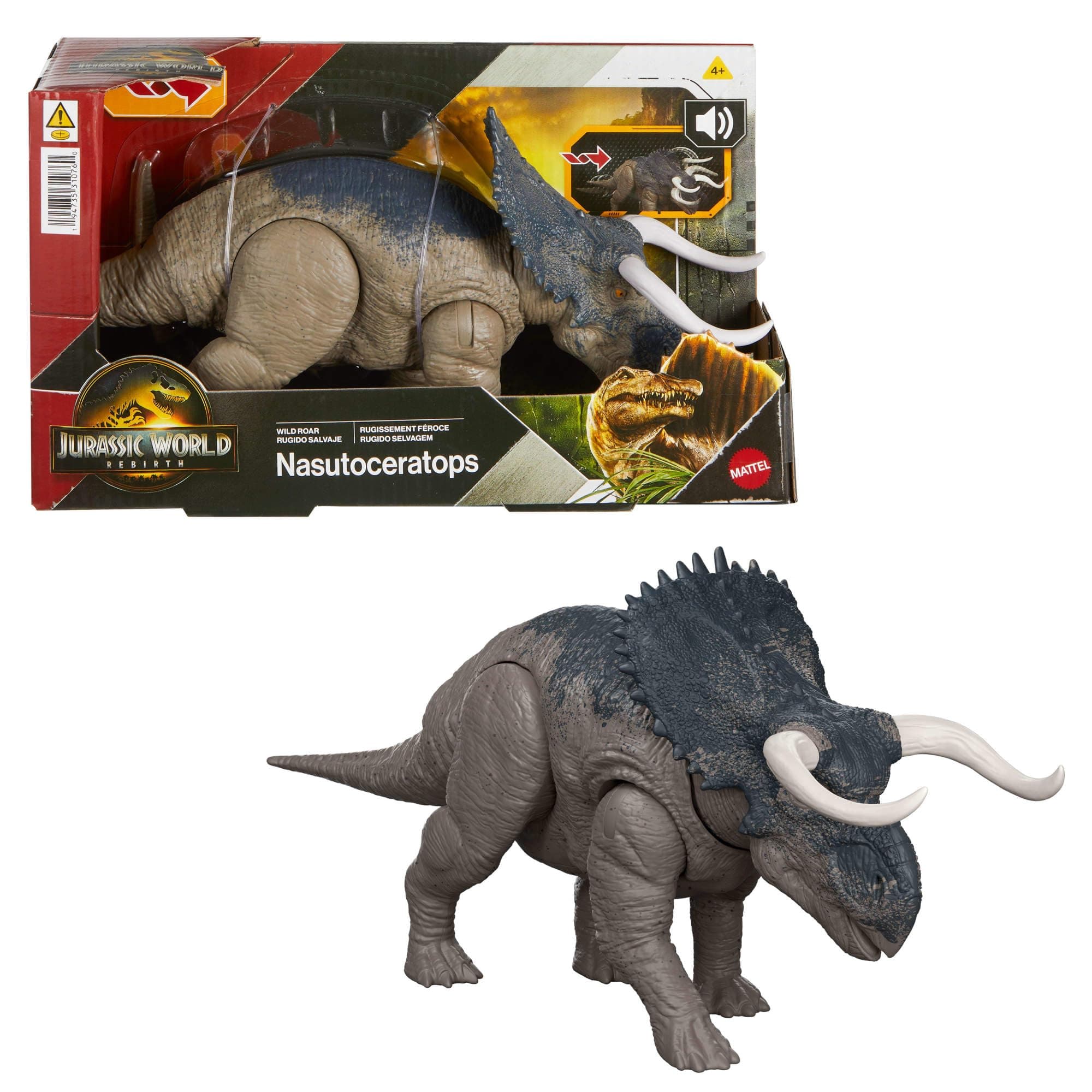 Mattel Jurassic World Rebirth Wild Roar Nasutoceratops Dinosaur Toy with Tail-Controlled Chomp Multi-Direction Attack & Sound, Posable & Digital Play, JGC81, Earthy/Neutral