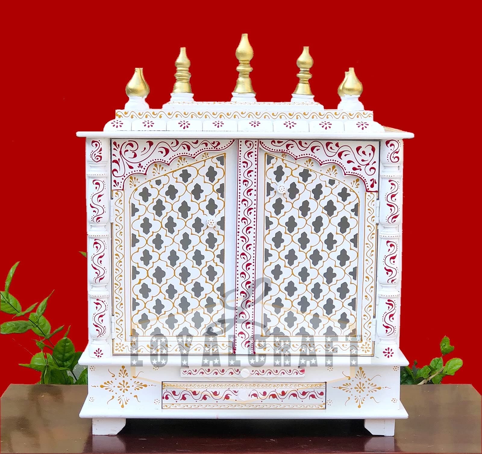 Wooden Temple Large Size 24x12x30 Home Temple/mandir/god Stand/mandap/mandapam/Pooja mandir with Doors (Large 24x12x30 WxDxH INCH, White Golden)