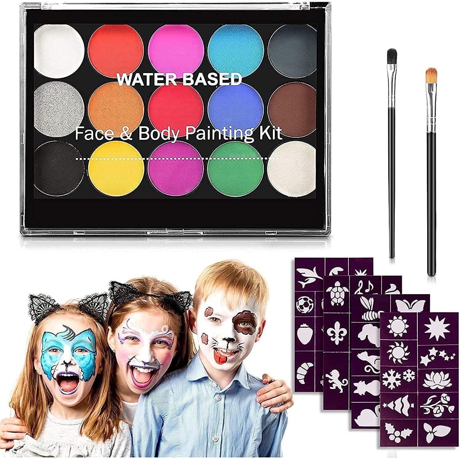 Face Paint Kit for Kids, Professional Quality Face & Body Paint, Hypoallergenic Safe & Non-Toxic, Easy to Painting and Washing, Ideal for Party Face Painting Cosplay, 15 Colors with Two Brush