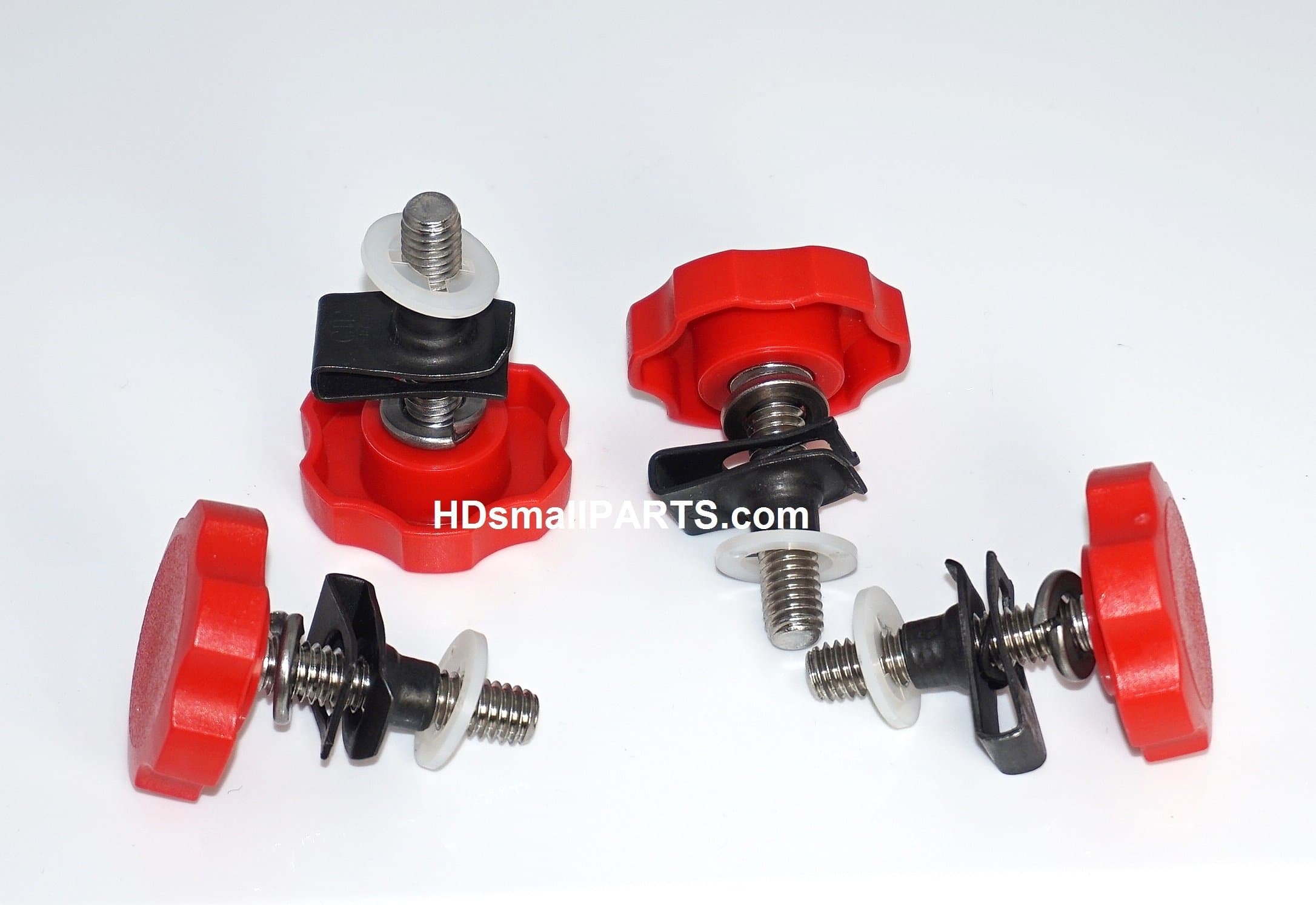 HDsmallPARTS LocEzy® Red 1996-2013 Saddlebag Mounting Hardware Knobs are compatible with Saddlebag Quick Release Pins on HD Touring Motorcycles.