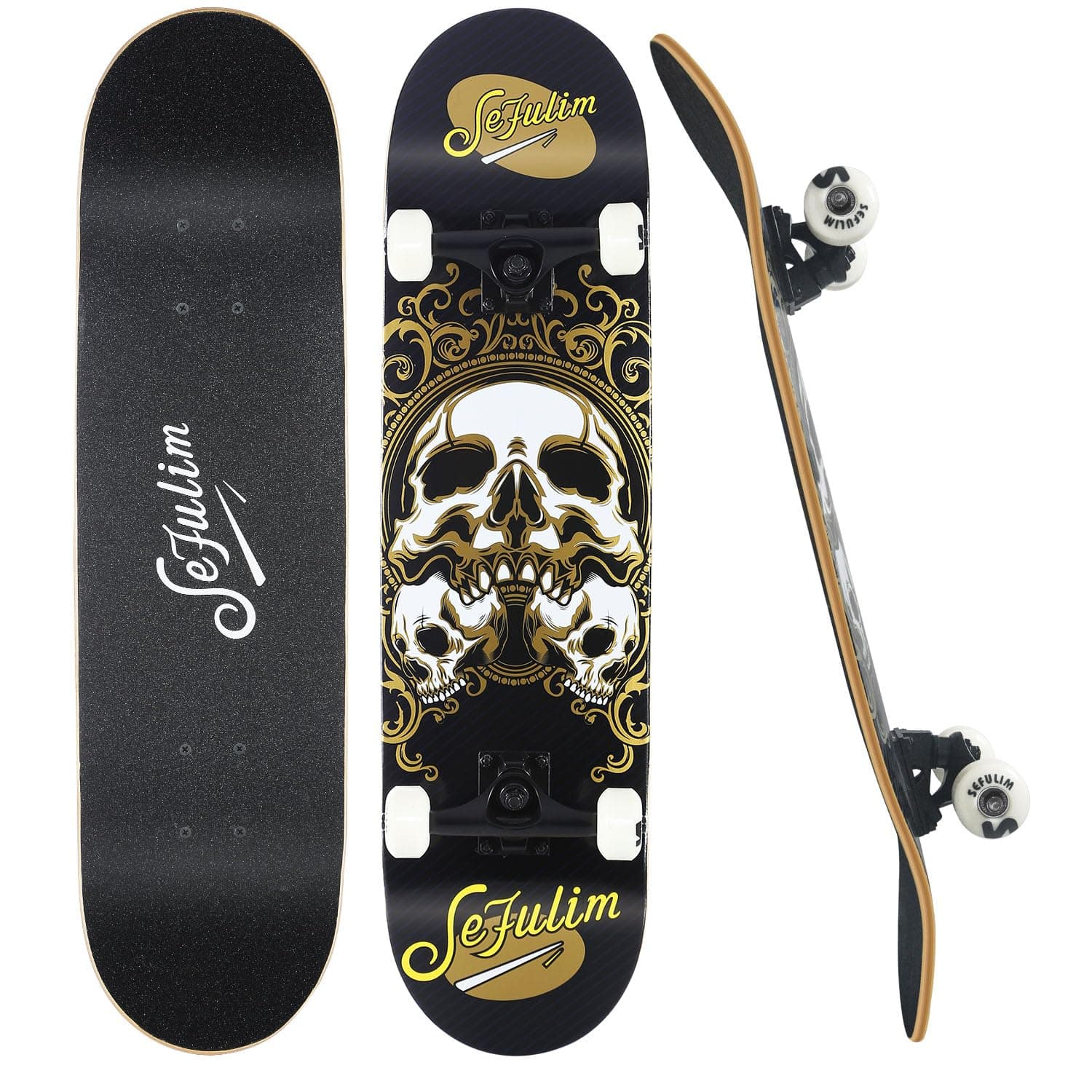 Sefulim 31 x 8 Inch Complete Skateboard 7 Layer Canadian Maple Double Kick Deck Concave Cruiser Trick Skateboard for Boys Girls Teens Adults Beginner 