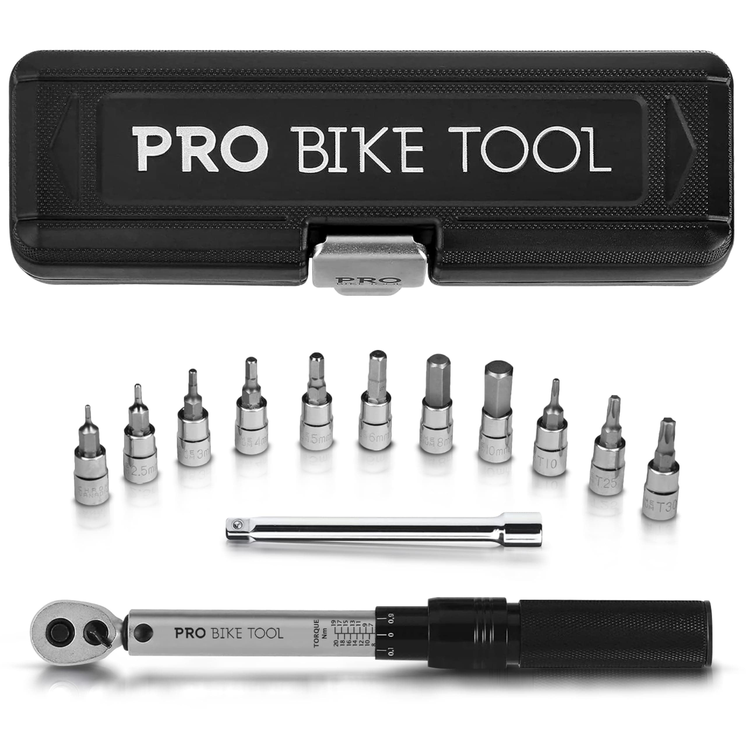 1/4 Inch Drive Click Bike Torque Wrench Set – 2 to 20 Nm – Bicycle Torque Wrench Maintenance Kit for Road & Mountain Bikes - Includes Allen & Torx Sockets, Extension Bar & Storage Box