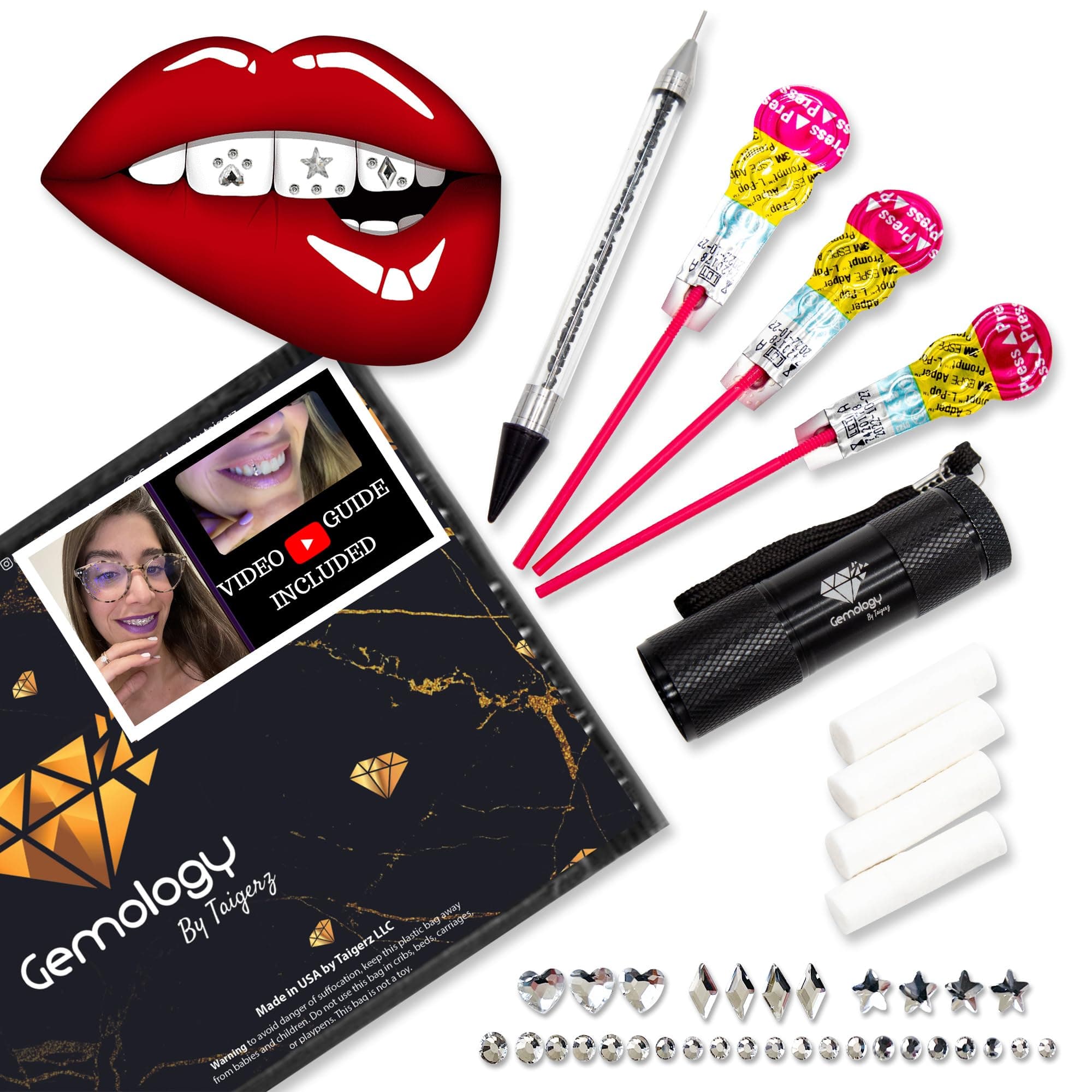 Tooth Gem Kit Professional for Beginners and Pros - Video Guide for Best Designs, Teeth Gems Kit with Glue and Light - Over 30 Gems in Different Shapes - GEMOLOGY IS MADE IN USA - Tooth Gem Glue
