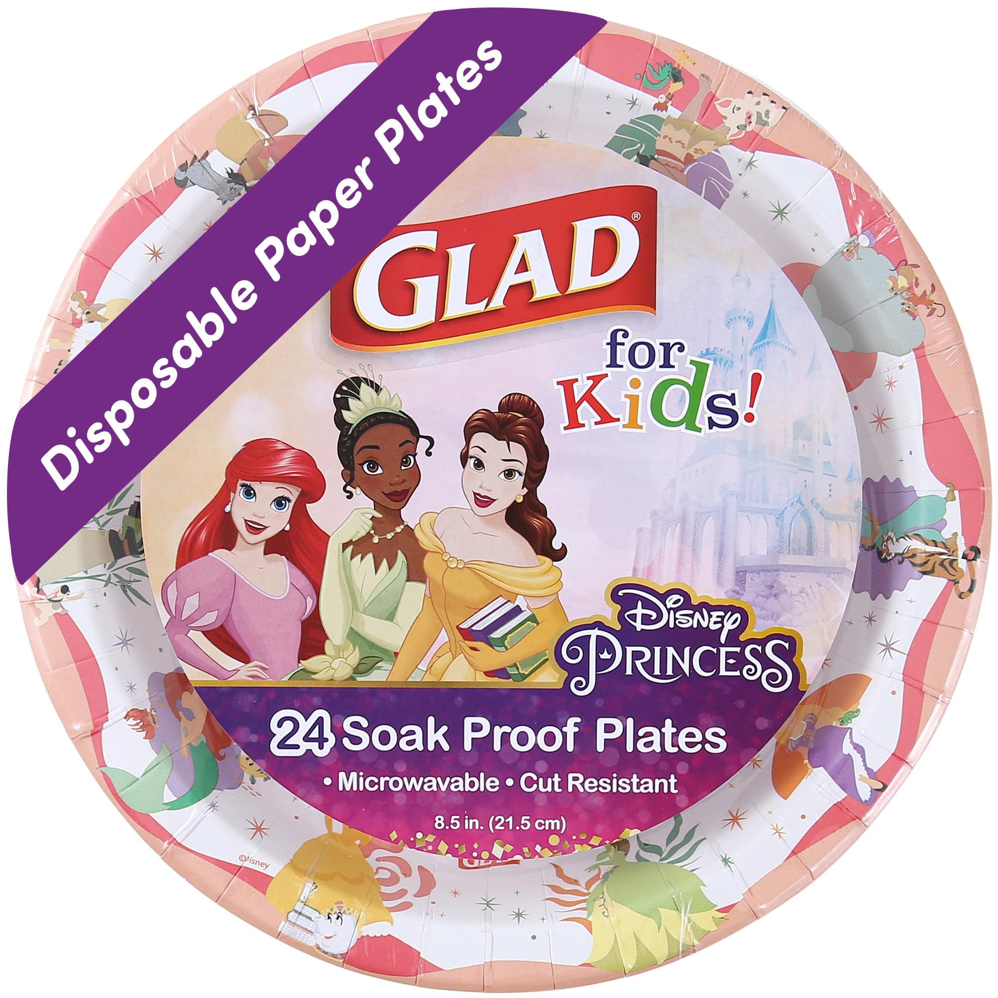 Glad for Kids Disney Princess Disposable Paper Plates, Magic is in All of Us - Heavy Duty, Soak Proof, Microwavable, Kid-Friendly Snack Plates for Everyday Use, 8.5 Inch, 24 Count