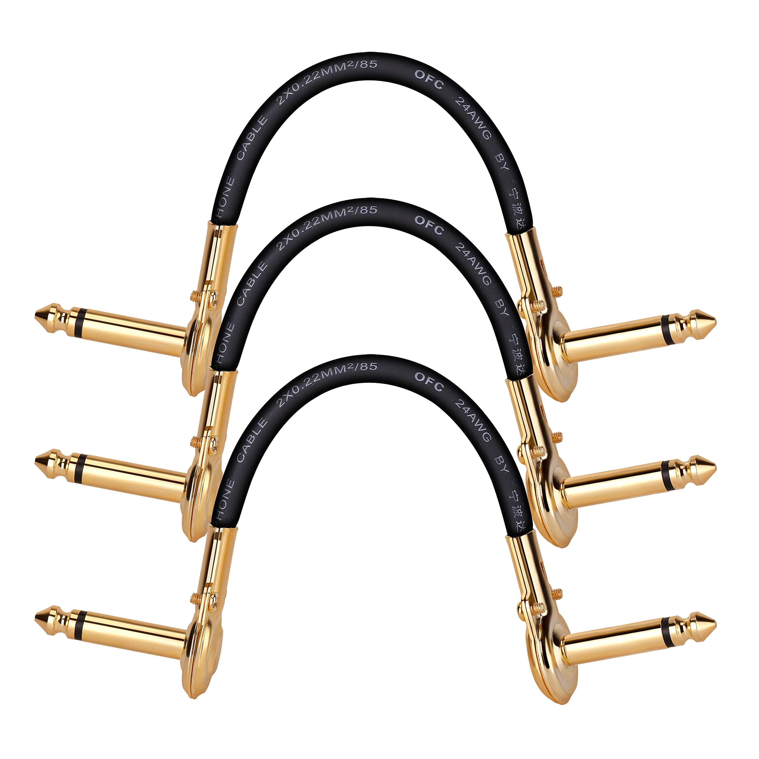 Guitar Patch Cables 1/4 Inch Right Angle Plugs 6 Inch Patch Cable - Low Profile Patch Cords to Maximize Your Pedalboard Space - 3 Pack/Gold