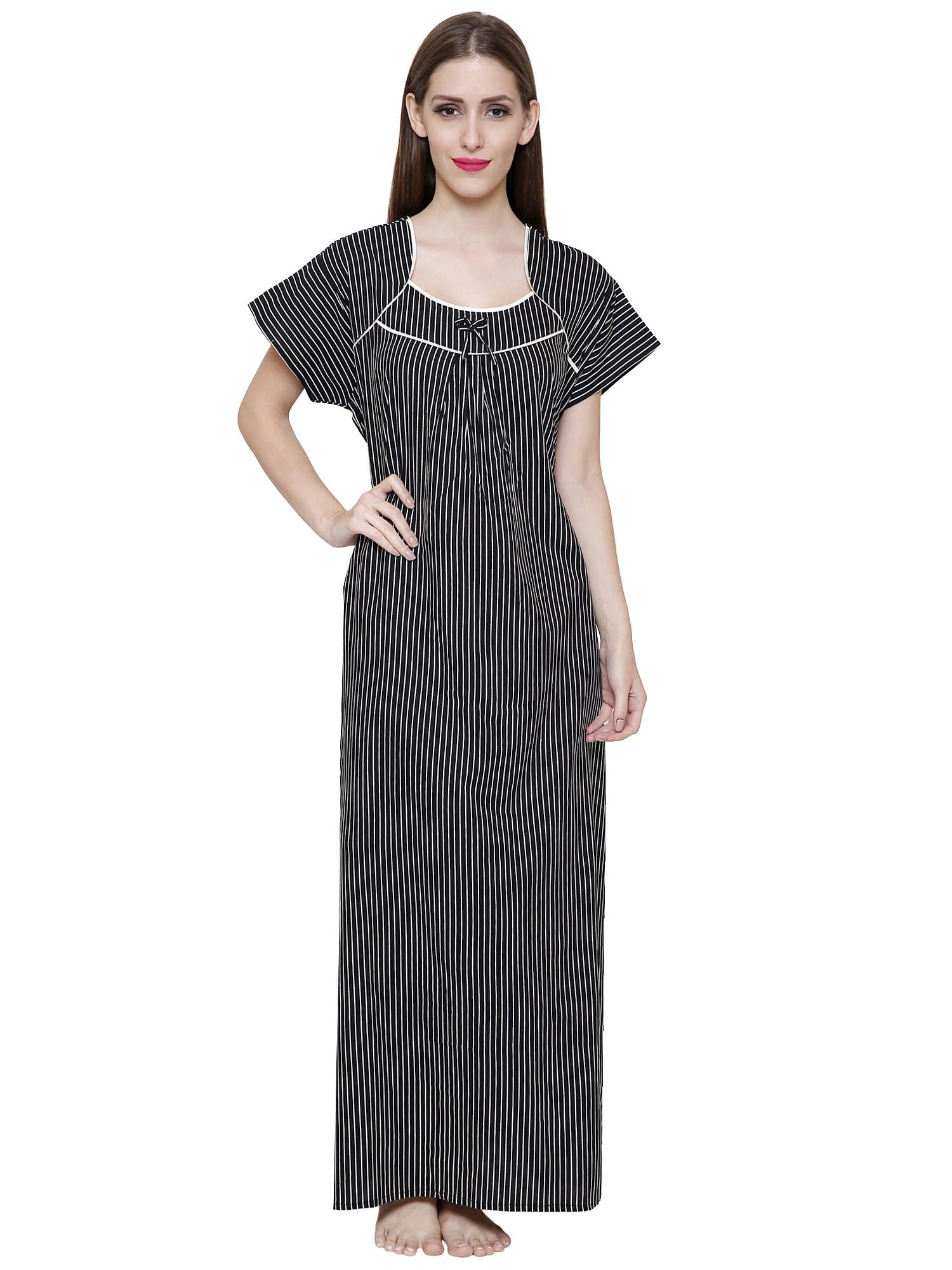 Secret Wish Women's Black Striped Cotton Nighty (Free Size)