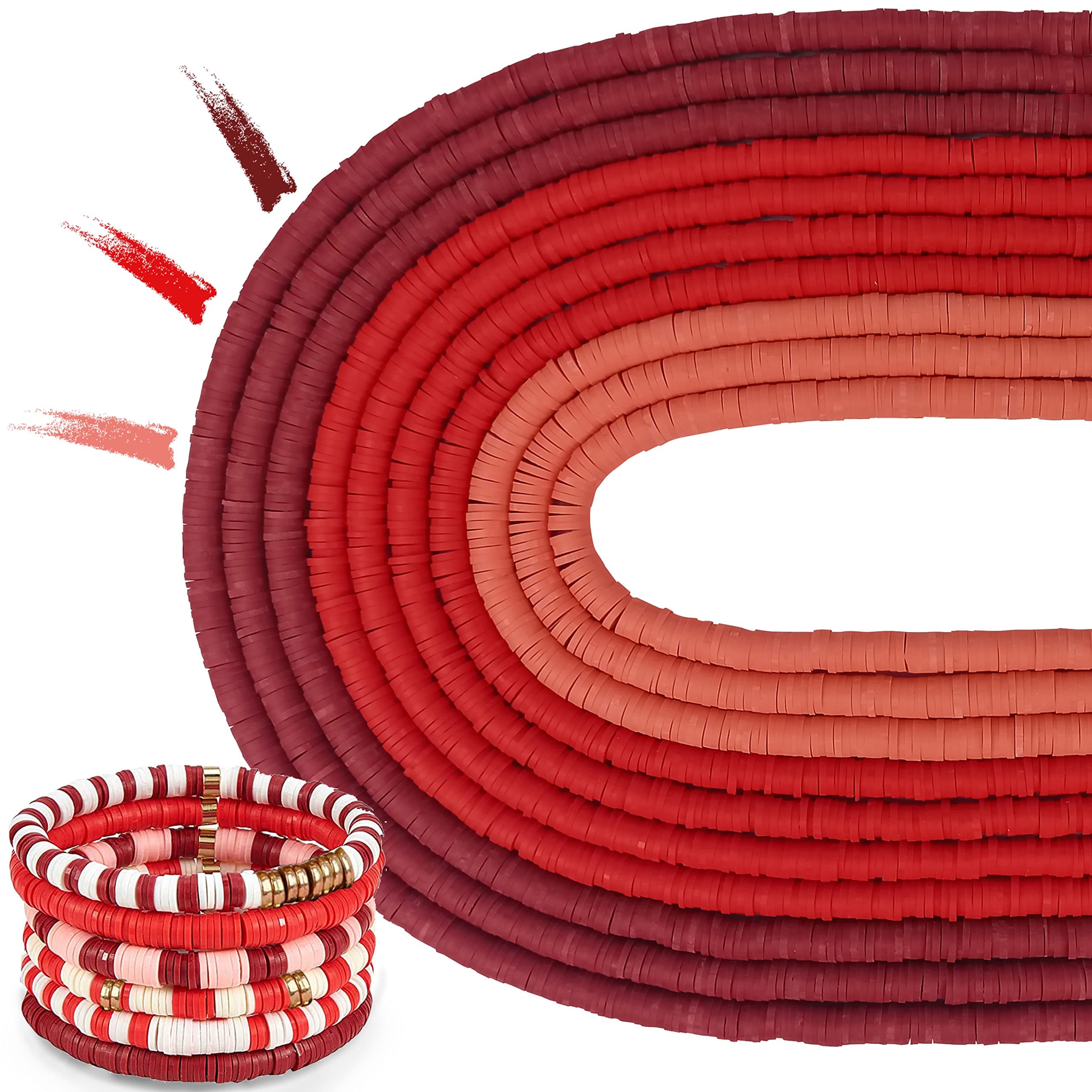 MIIIM 3600 PCS 10 Strands Polymer Clay Beads for Jewelry Making, Vinyl Heishi Beads 6mm for Surfer Bracelets Necklace Making (Red)