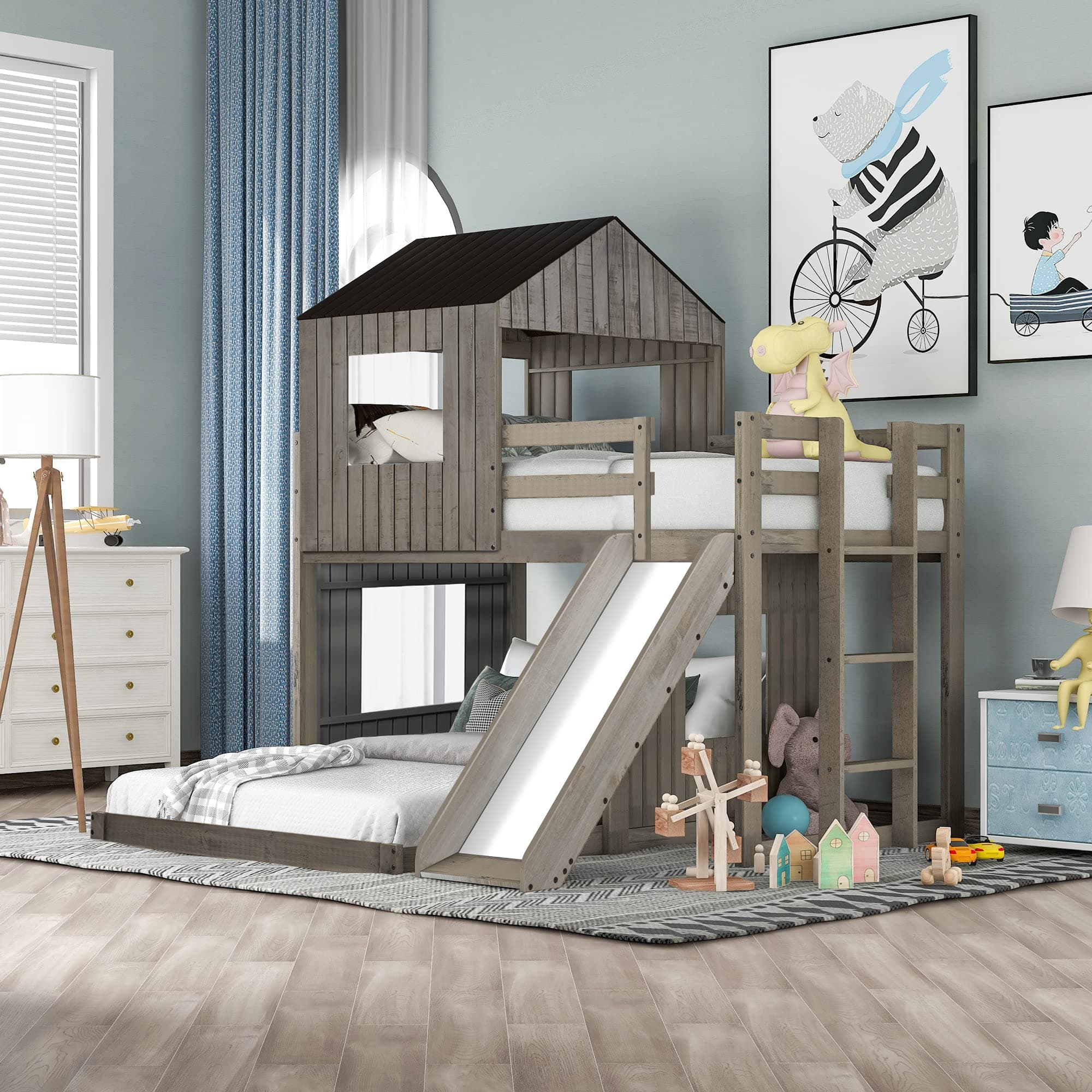 Harper & Bright DesignsHouse Bunk Beds with Slide, Wood Twin Over Full Bunk Beds with Roof and Guard Rail for Kids, Toddlers, No Box Spring Needed (Antique Gray, Twin Loft Bed with Slide)