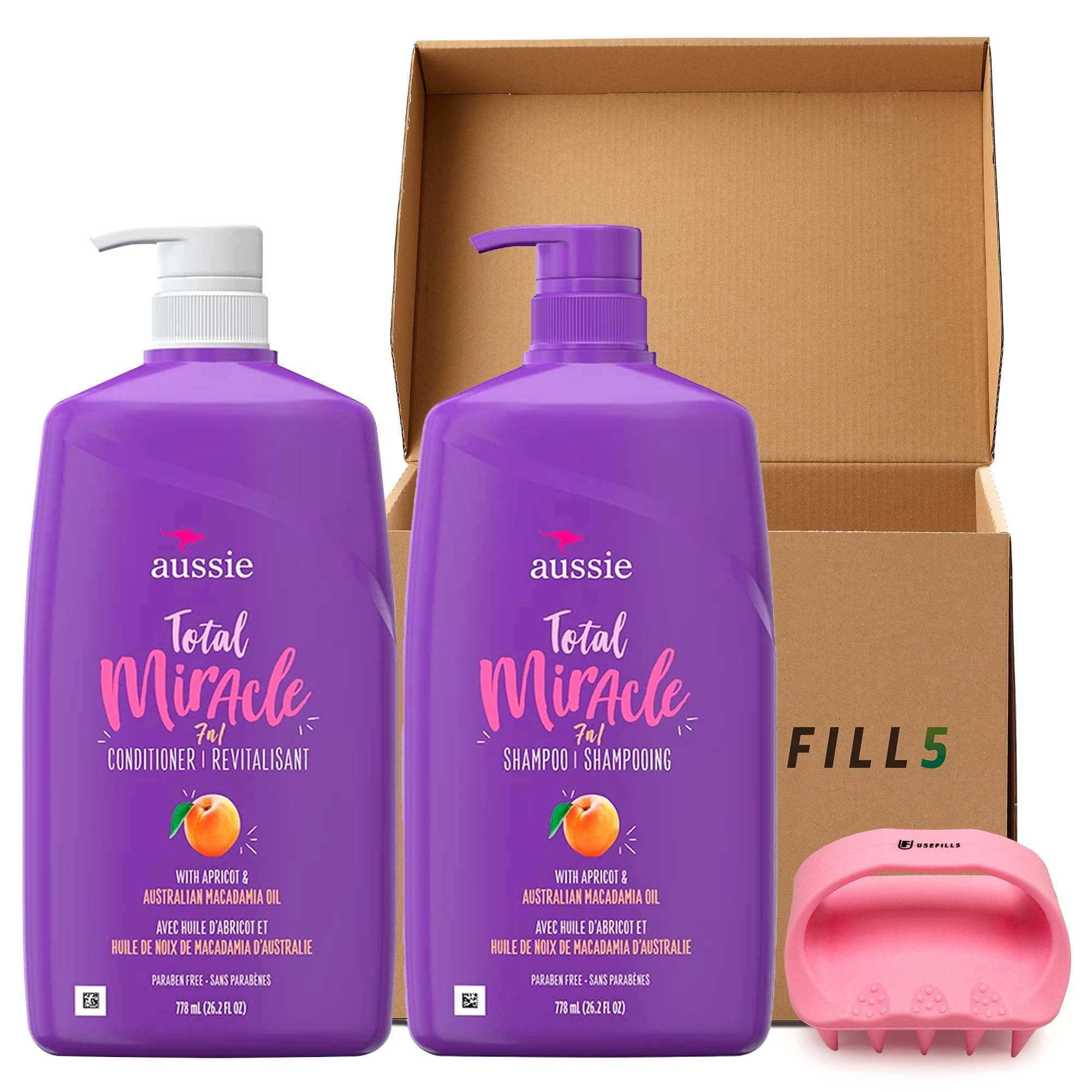 Shampoo and Conditioner Set Apricot & Australian Macadamia Oil Strengthening Against Damage 2 Bundle Includes Aussie Total Miracle Hair Products for Women with Branded Silicone Scalp Brush by USEFILL5