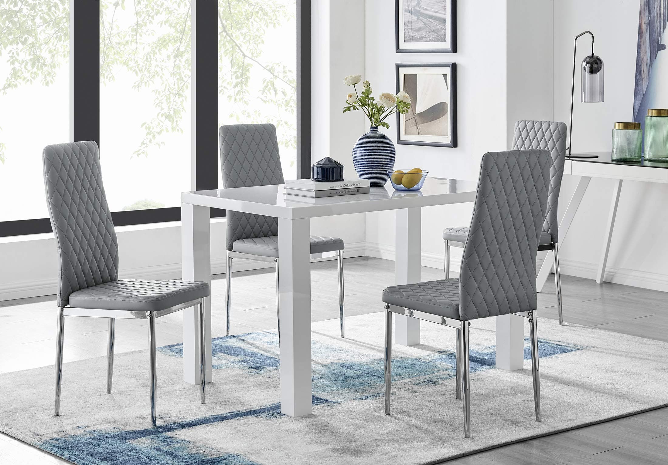 Furniturebox UK Pivero White High Gloss Modern Stylish Dining Table and 4 Milan Chairs Set (Dining Table + 4 Elephant Grey Milan Chairs)