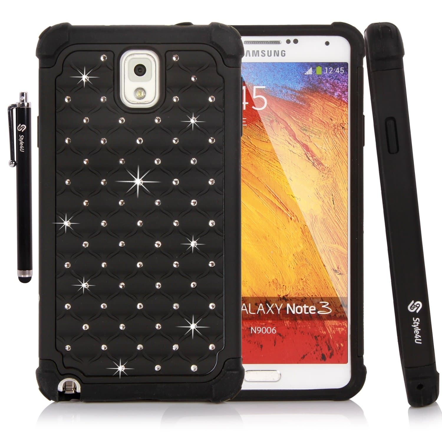 Style4U Galaxy Note 3 Case, Studded Rhinestone Crystal Bling Hybrid Armor Case Cover for Samsung Galaxy Note 3 N9000 N7200 with 1 HD Screen Protector and 1 Stylus [Black/Black]