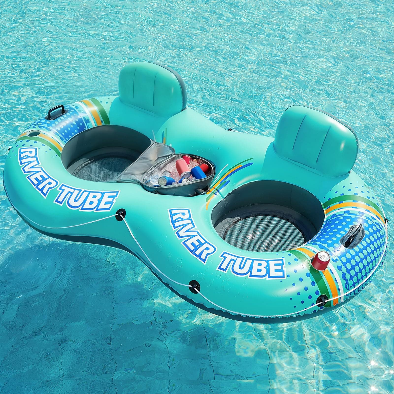 Jasonwell Inflatable River Tube Float - 2 Person Heavy Duty Pool Float With Removable Cooler, Lake Water Tubes for Floating, Raft Lounge Floatie With 2 Cup Holders for Adults