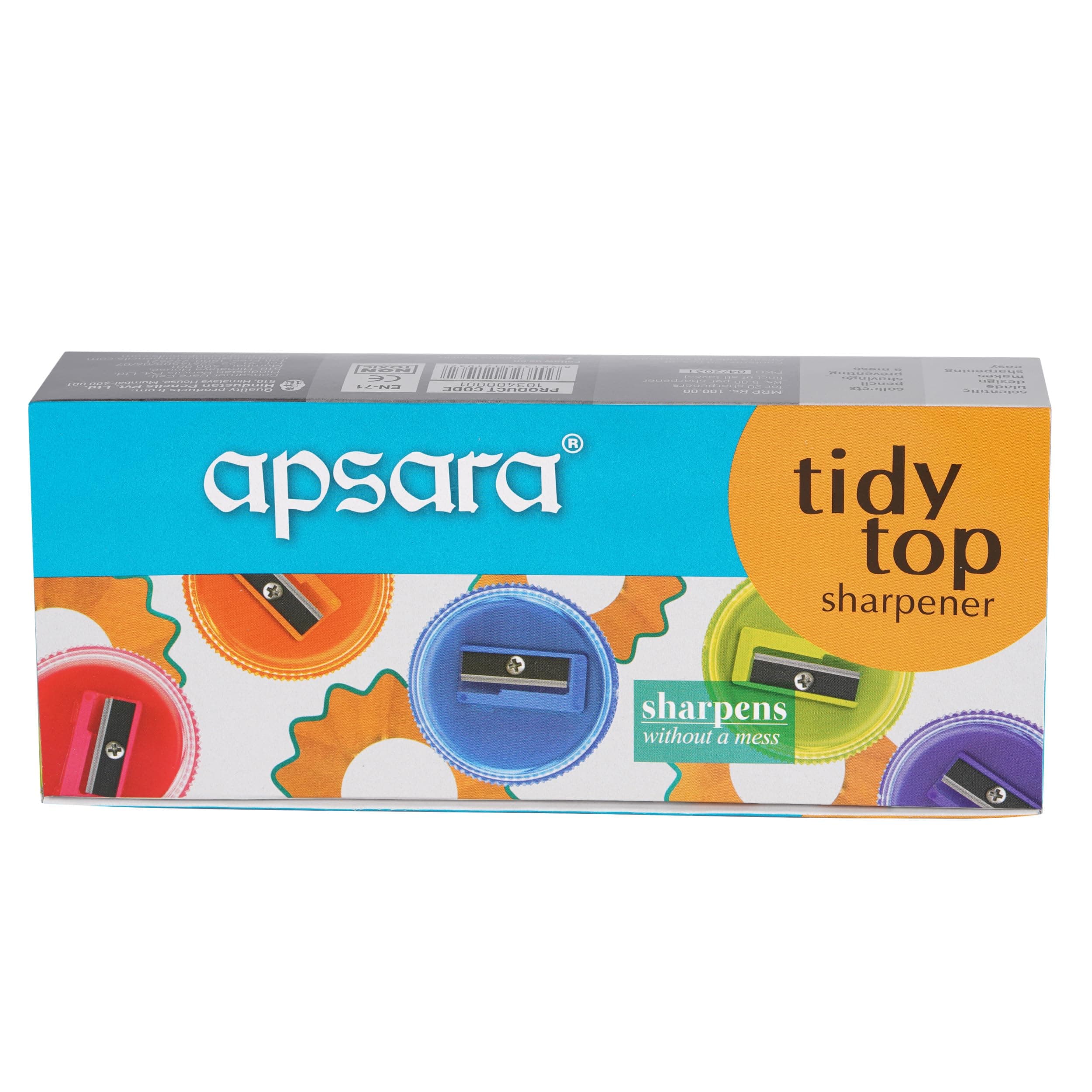 - Apsara Tidy Top Sharpener | Round Shape | Mess-Free | Transparent Lid | Comfortable Grip for Easy Holding | Smooth Sharpening | Attractive Colours | Rust Free | Pack of 20 Sharpeners
