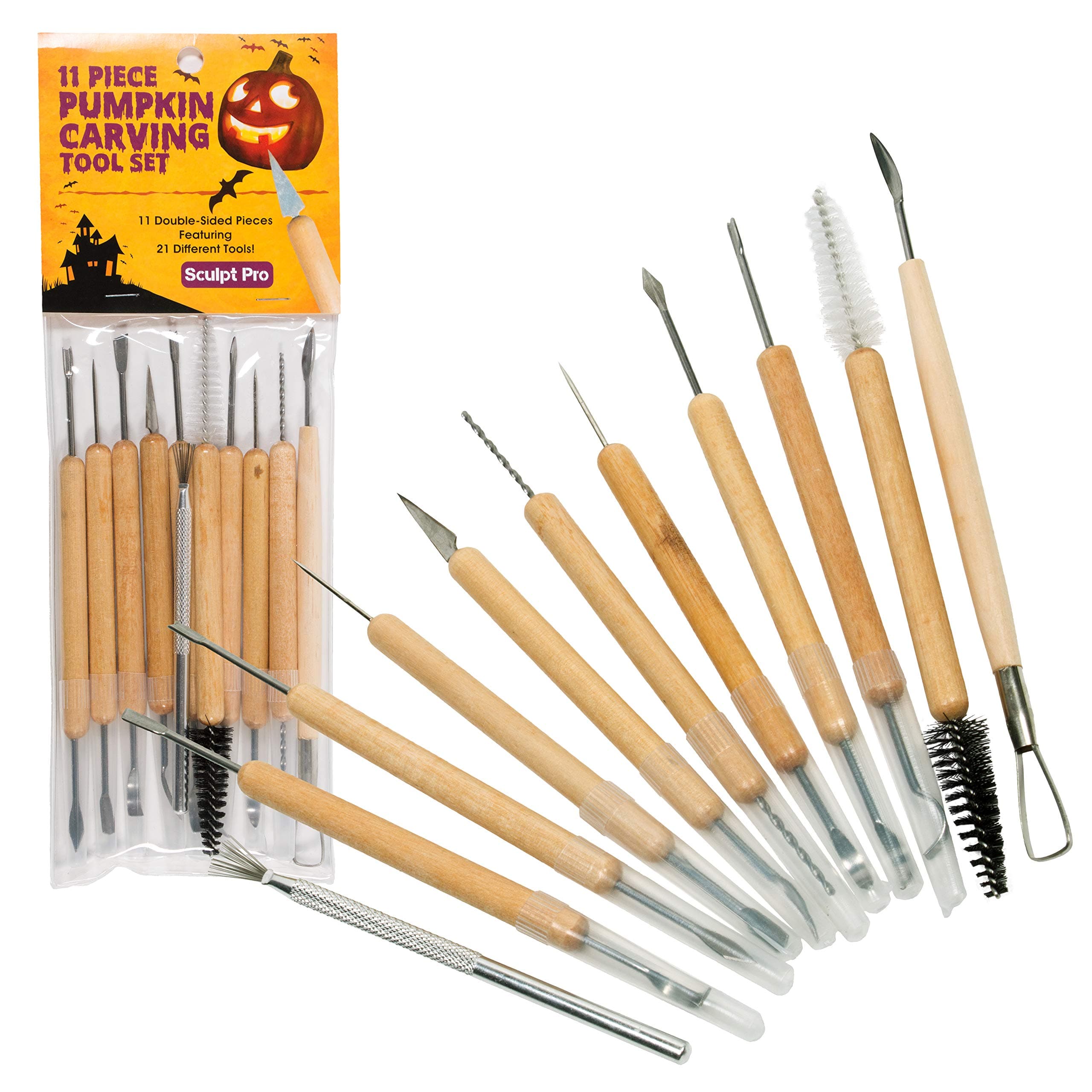 Pumpkin Carving Tools- Halloween Sculpting Kit with 11 Double Sided Pieces (21 Tool Set) for Jack-O-Lanterns and More