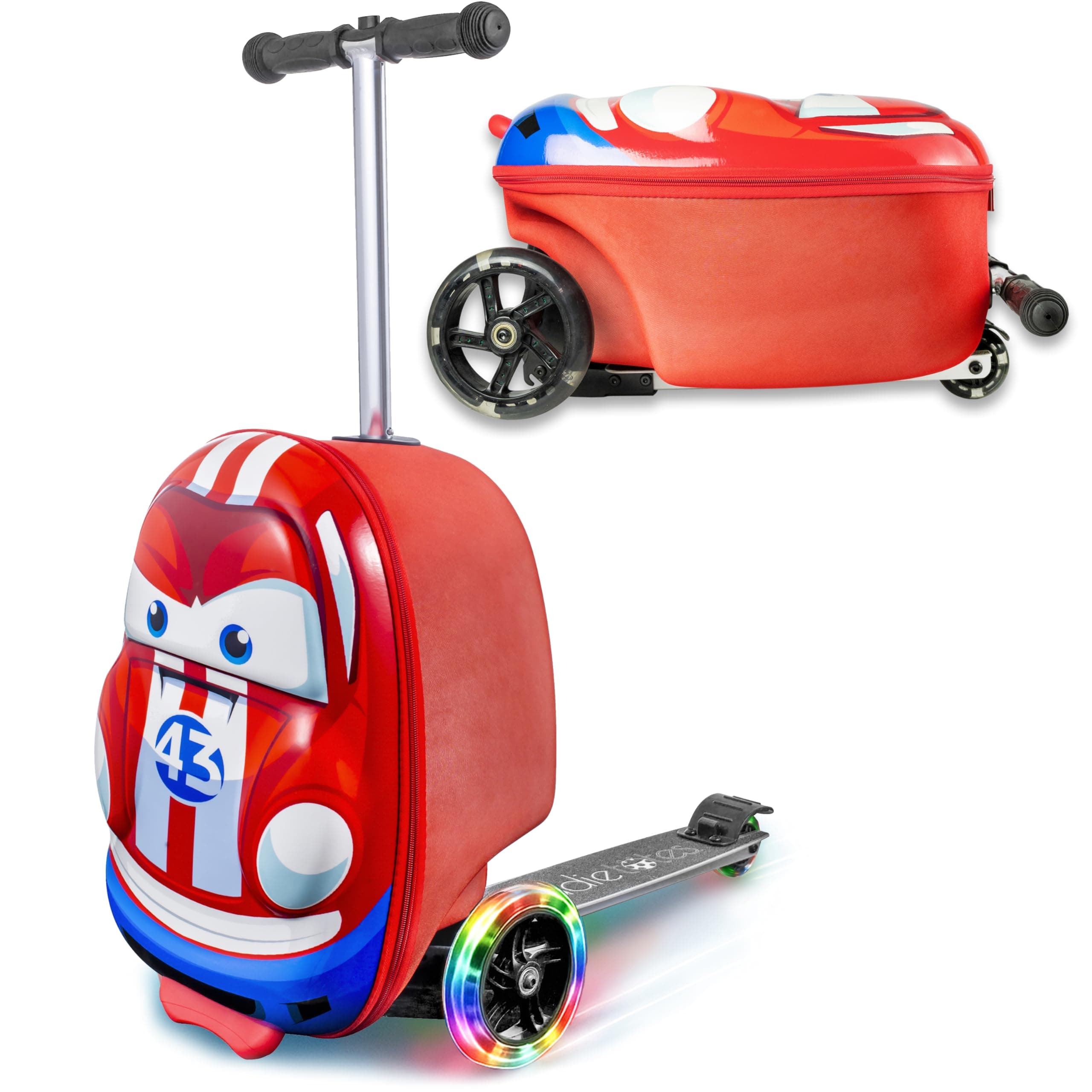 Kiddietotes 3-D Hardshell Ride On Suitcase Scooter for Kids - Cute Lightweight Kids Carry-On Luggage with LED Lit Wheels - Updated 2022 Wheel Design