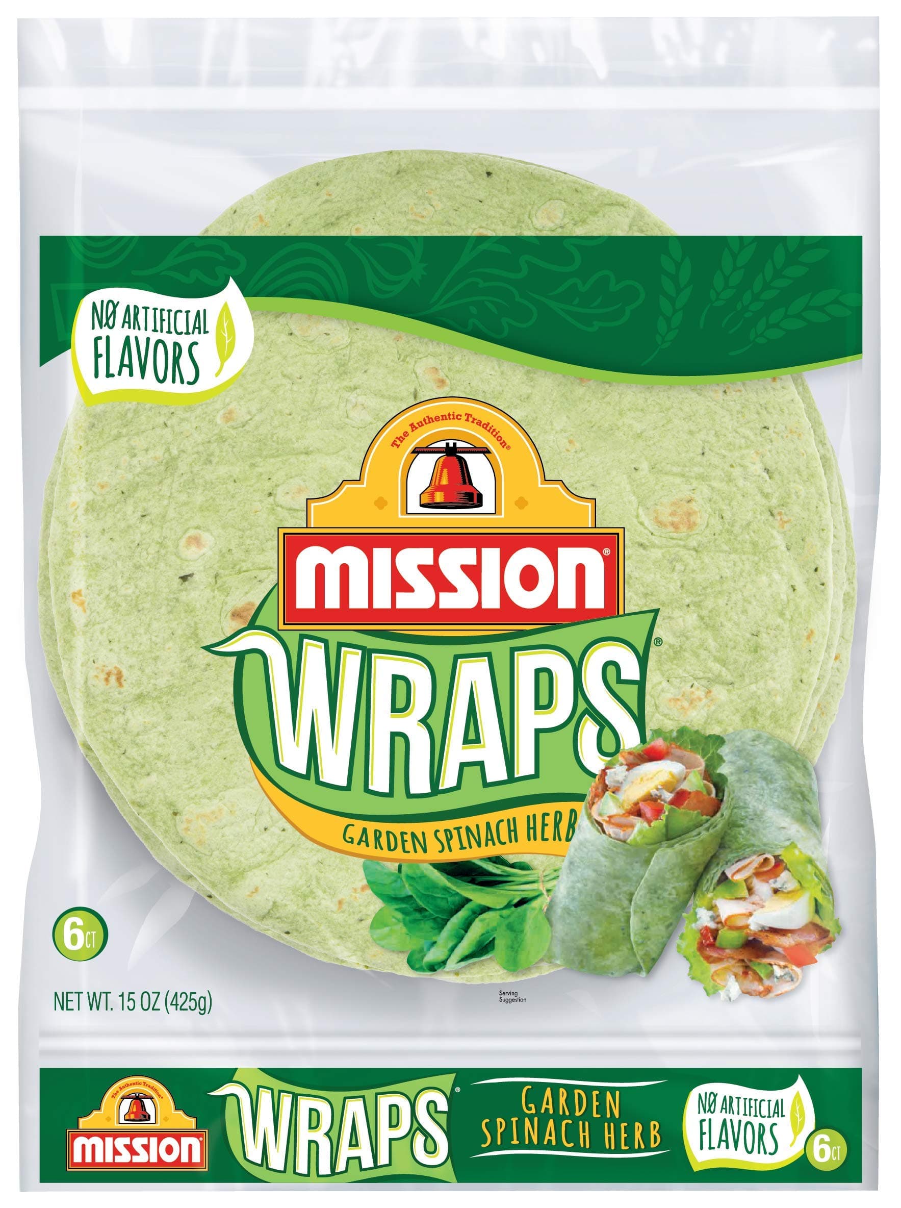 Mission Garden Spinach Herb Wraps, Soft Veggie Wraps, Trans Fat Free, 6 Count