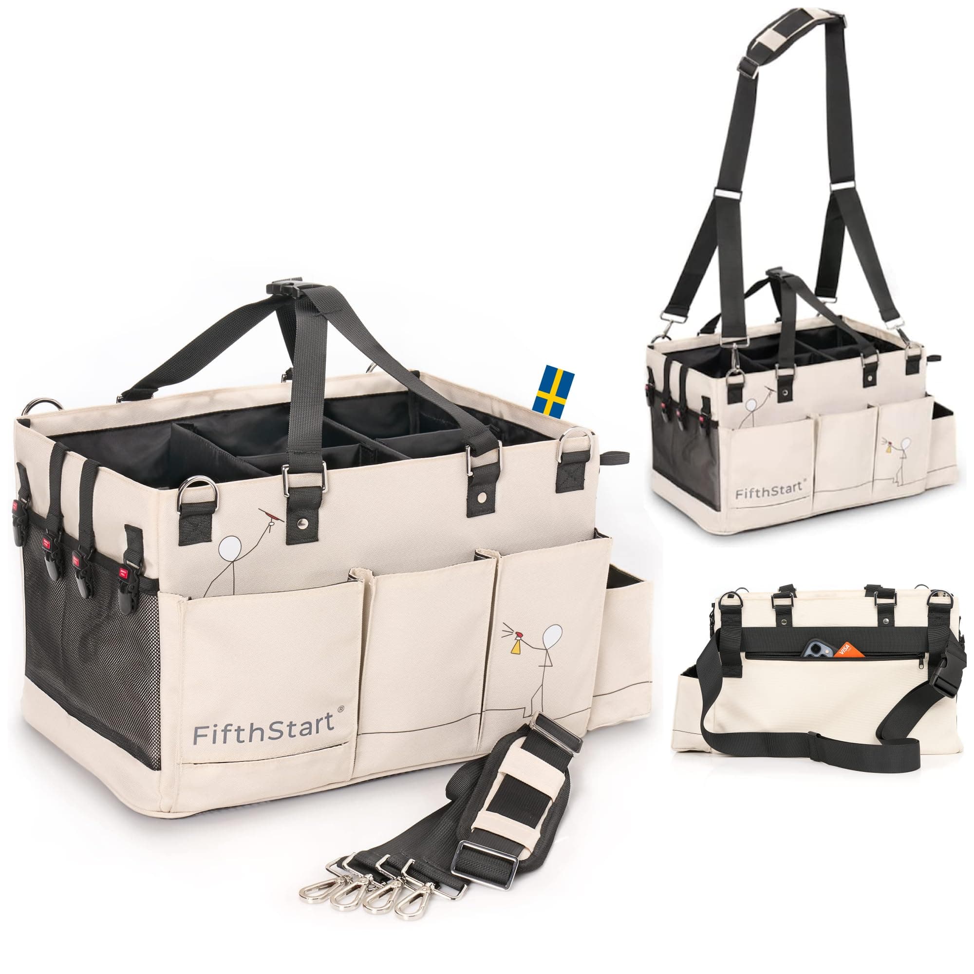 FifthStart Multiuse Cleaning Caddy with Waist & Shoulder Strap,9 Pockets Easily Cleaned Beach Bag, Mesh Base & Adjustable Compartments - Beige Large Organizer with Handle - Cleaning Caddy Bag