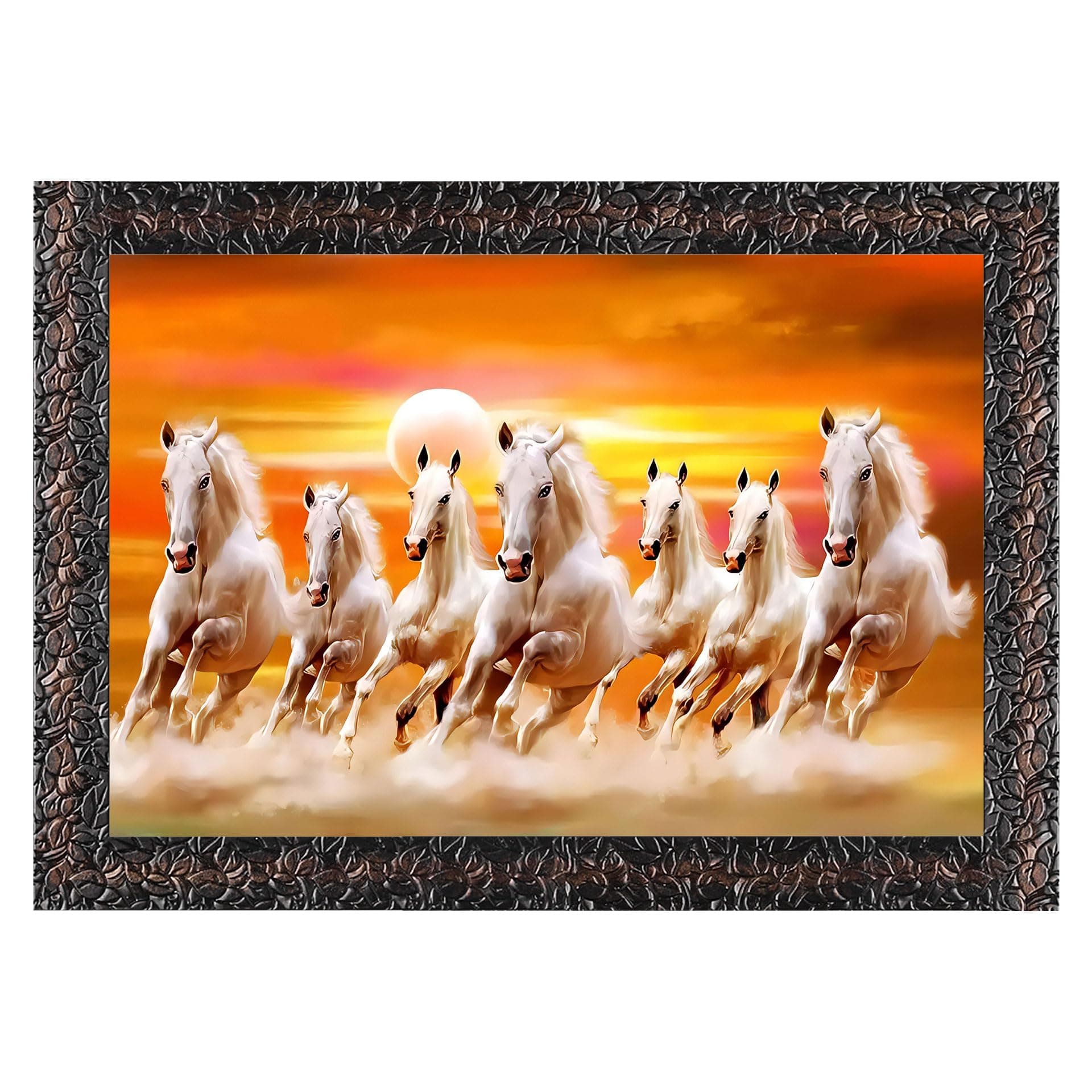 Indianara Vastu Runing Seven Horses Painting With Frame 13 Inches X 10 Inches (Style 10)