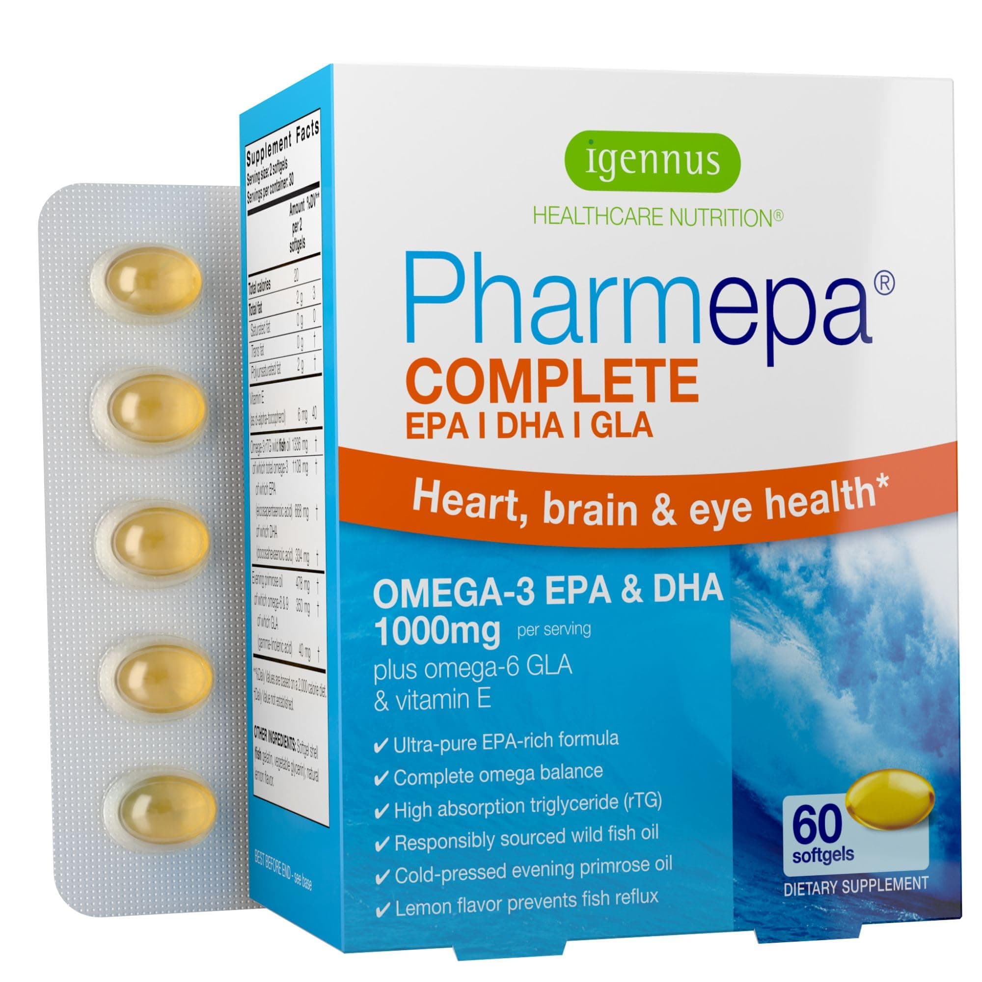 Igennus Healthcare Nutrition Pharmepa COMPLETE, Omega-3 Fish Oil Softgels, 60 Count, Lemon Flavour, EPA & DHA 1000mg with Evening Primrose Oil, Halal & Kosher, Heart & Brain Health Support