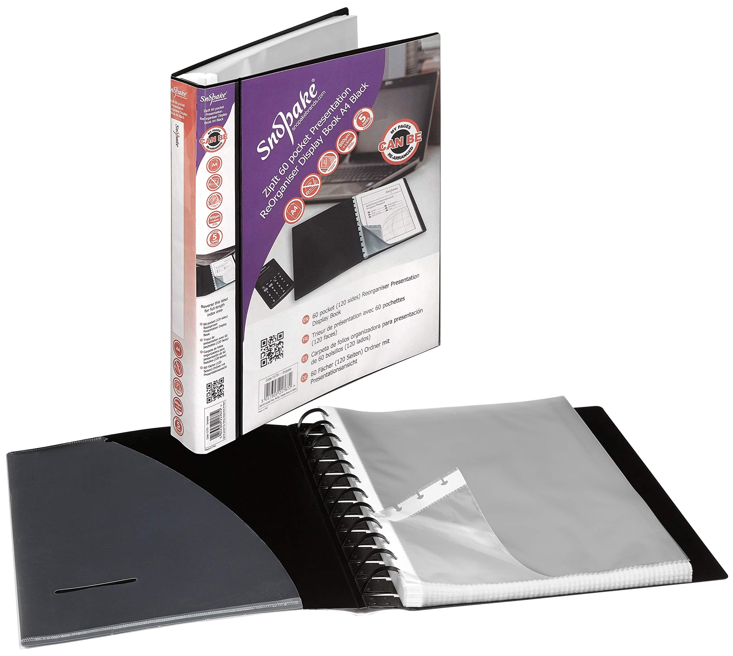 Snopake A4 Zipit 60 Pockets Presentation ReOrganiser Display Book – Black [Pack of 1] Ref: 15781