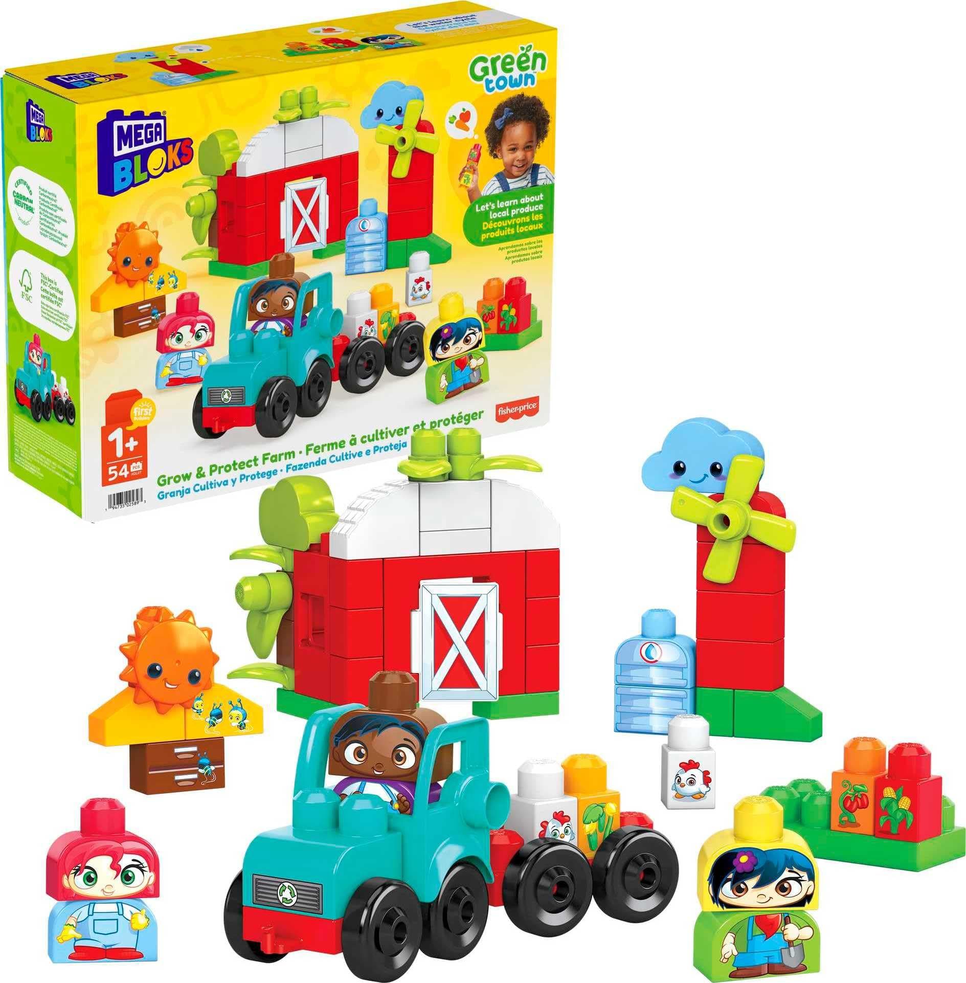 MEGA BLOKS Fisher-Price Toddler Building Blocks, Green Town Grow & Protect Farm with 51 Pieces, 3 Figures, Kids Age 1+ Years, HDL07