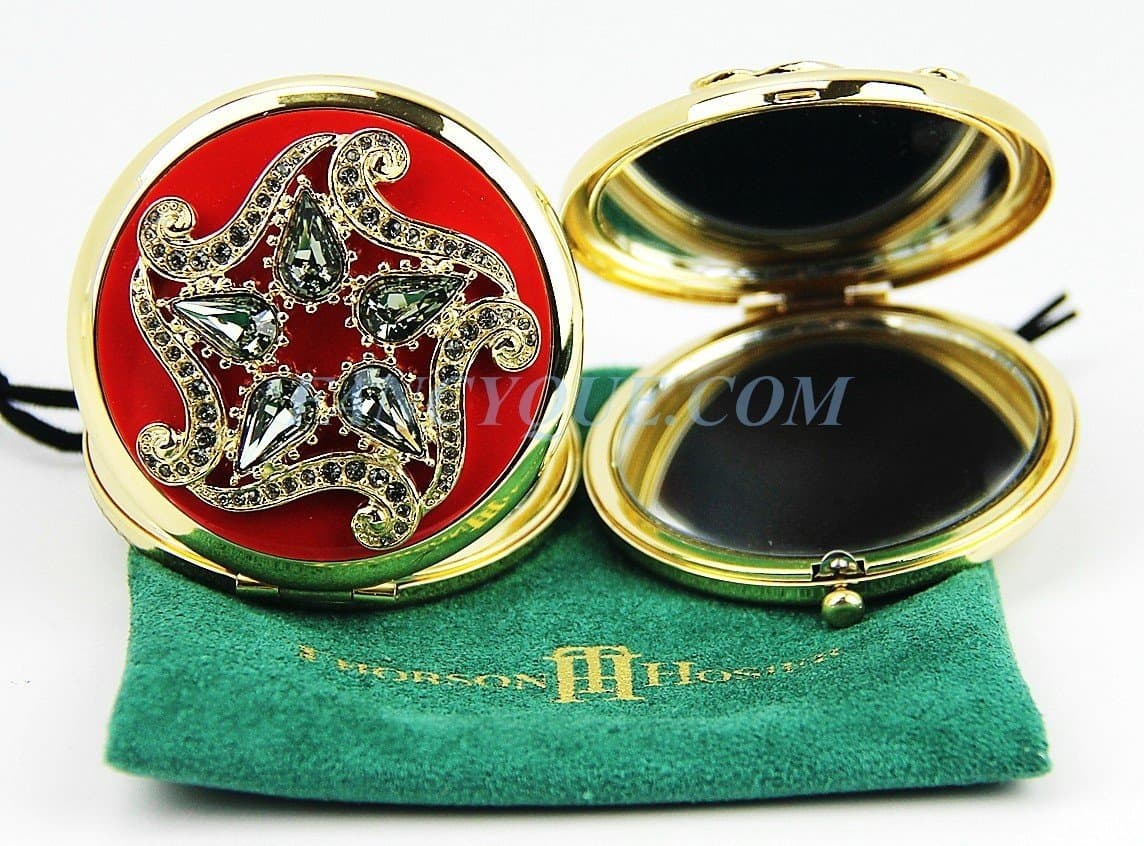 Thorson Hosier Compact Purse Mirror Round Red Swarovski Crystal New USA Made