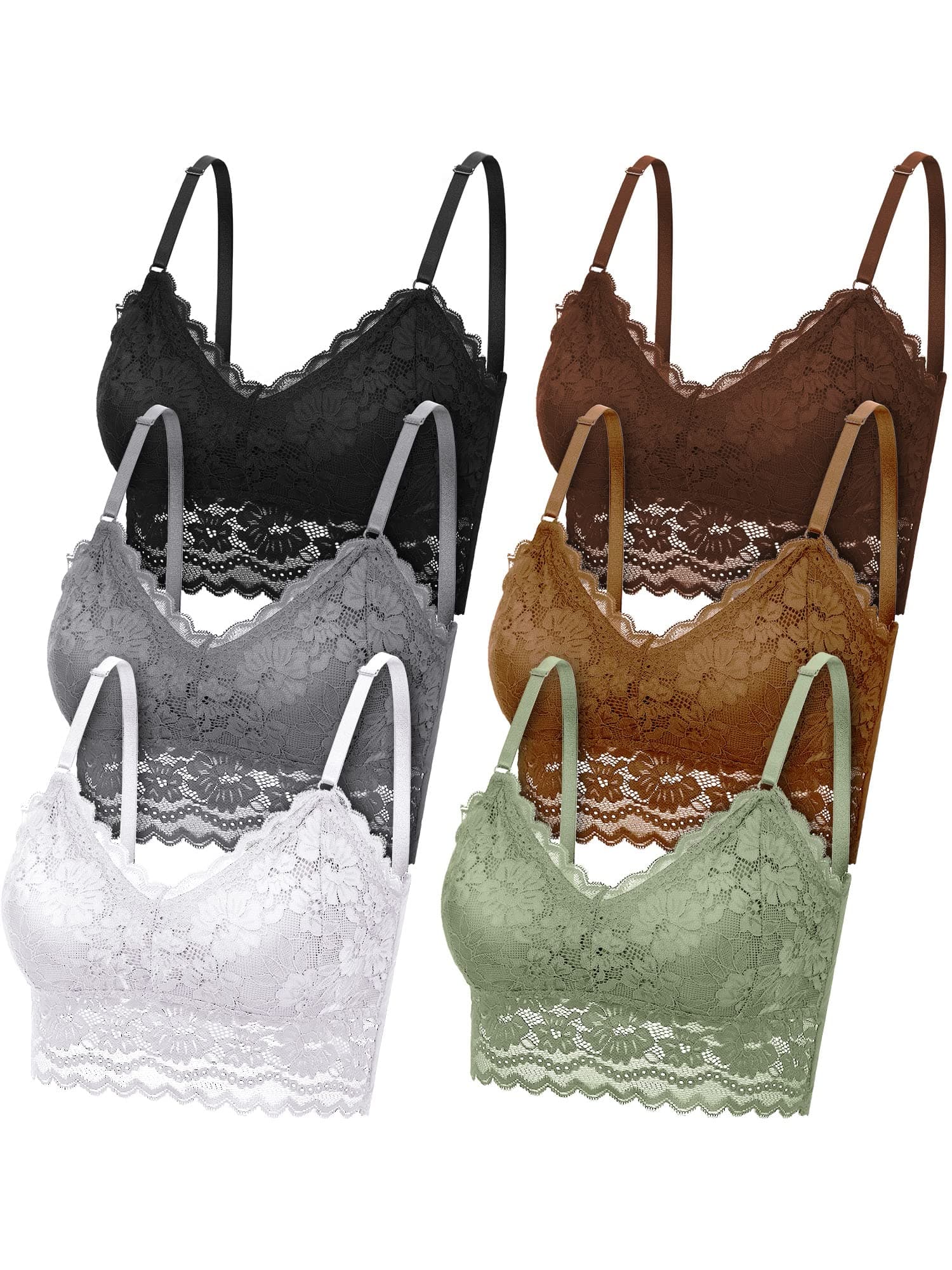 Pack of 6 Women's Lace Bra Bralettes with Floral Pattern Wireless Unpadded Cami Bustier Lace Bras with Straps