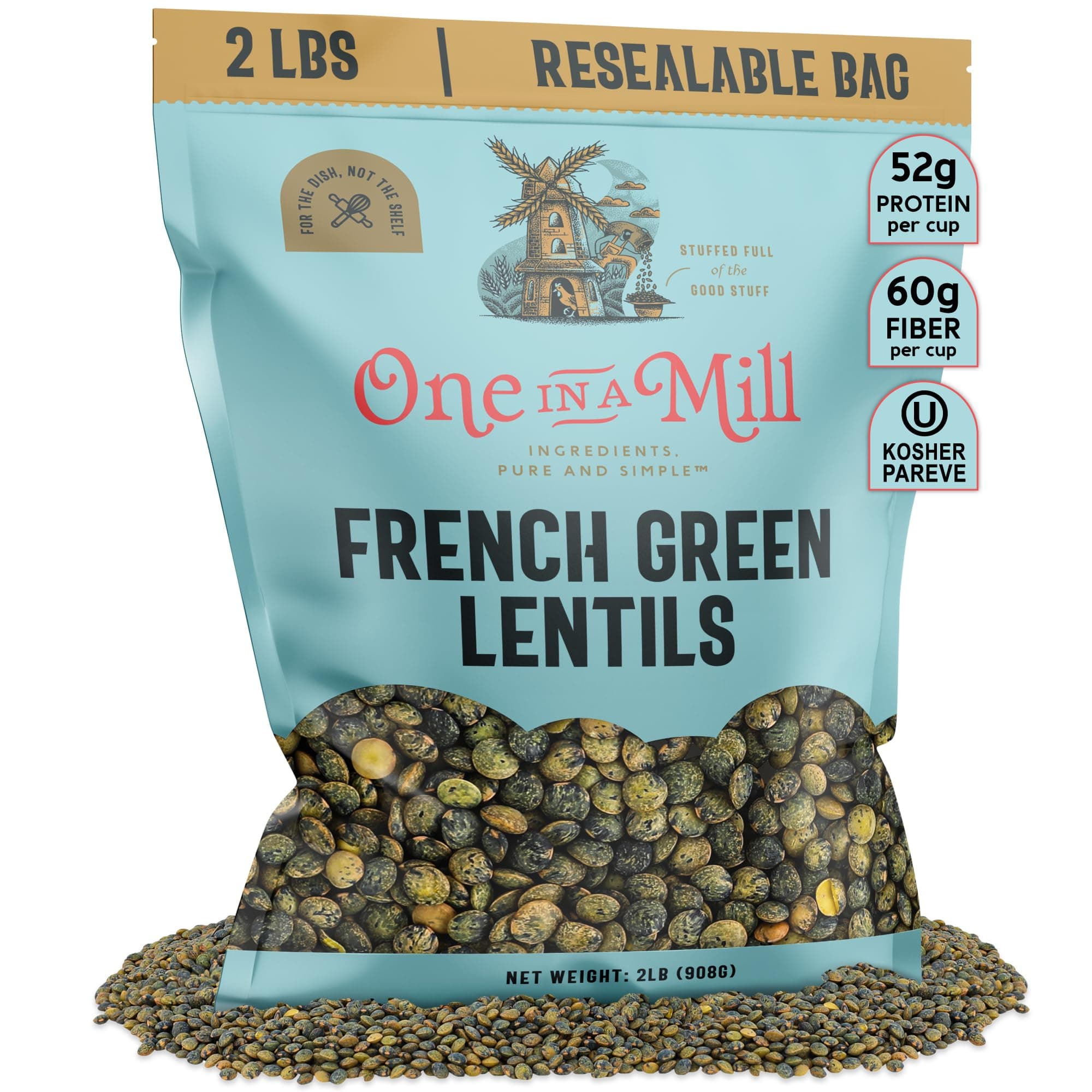 ONE IN A MILL French Green Lentils | 2LB Bulk Le Puy Dry Lentils Resealable Bag | All-Natural Plant-Based Protein for Soups, Salads, & Stews | OU Kosher
