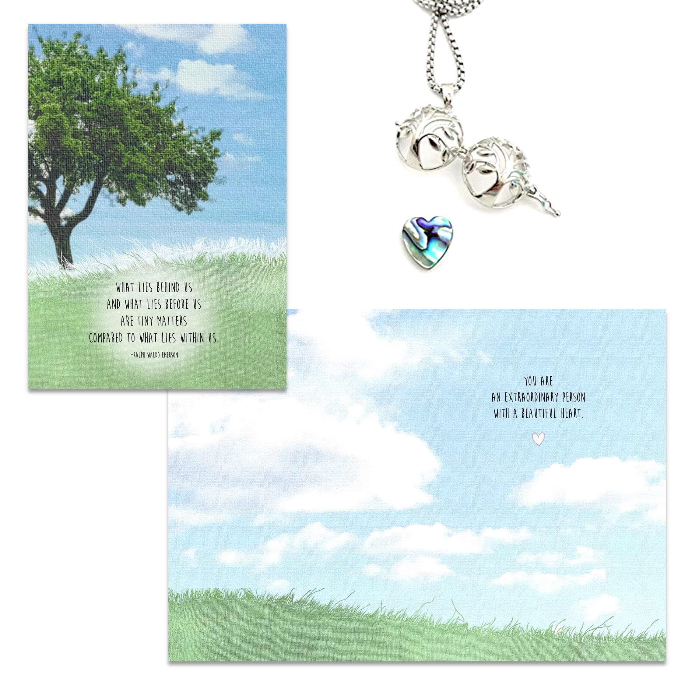 Smiling WisdomWhat Lies With in Us Beautiful Heart Greeting Card and Abalone Heart Tree Locket Gift Set - Encouraging Inspiring - Woman Sister Friend Daughter Wife - Stainless Steel