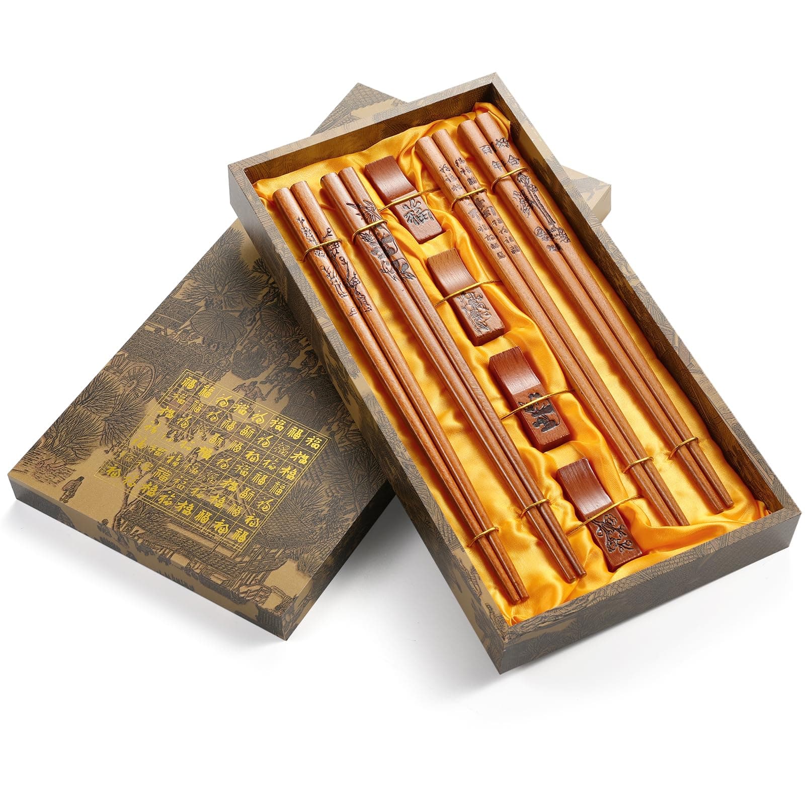 Chopsticks Reusable, Chopsticks Dishwasher Safe, with Chopstick Holder and Case Wooden Chopsticks Set Chinese Traditional Stylish Chopsticks Set (4 Pairs)