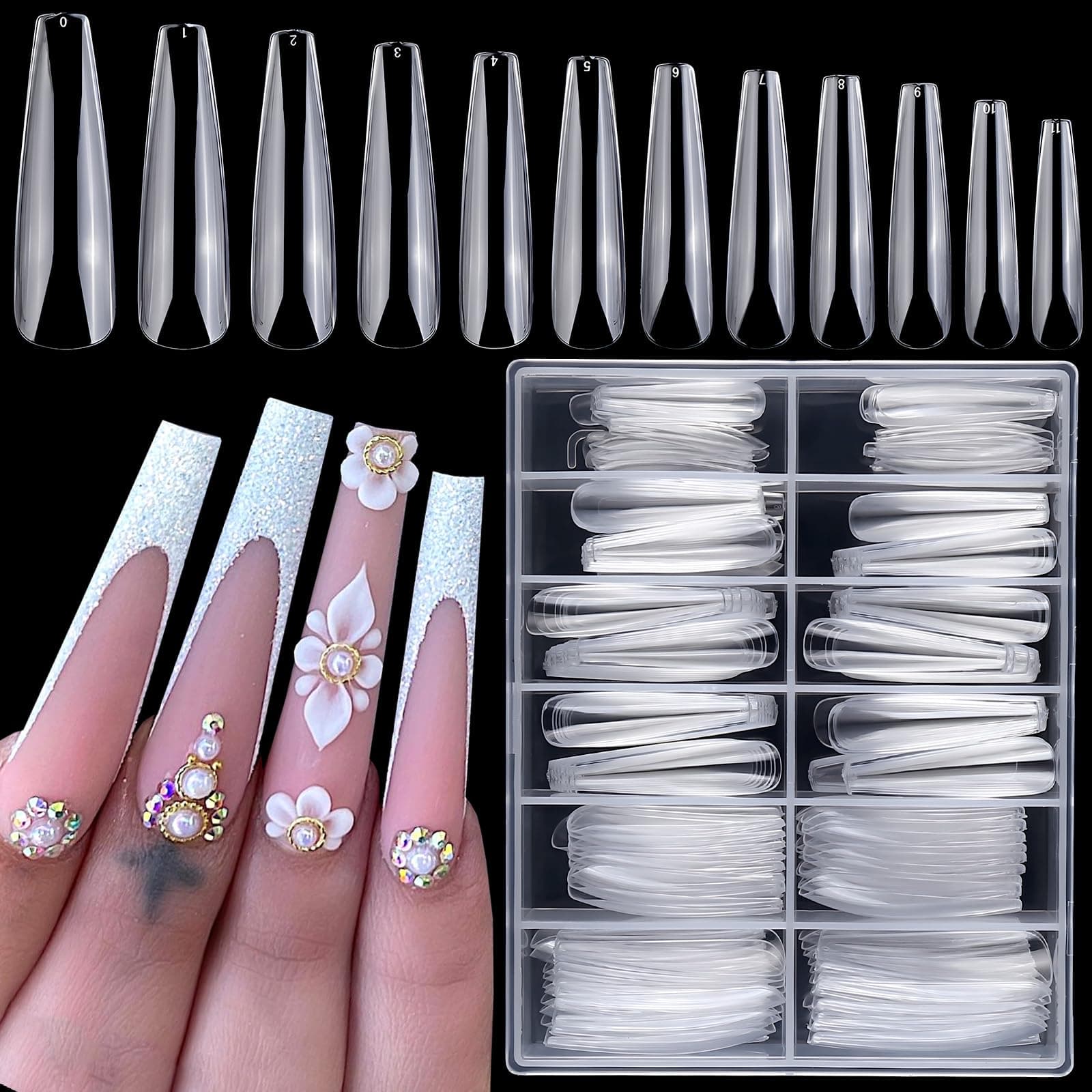 LoveOurHome XL Coffin Acrylic Nail Tips, 240pc Ballerina Shaped, Full Cover Artificial Fingernails, ABS Material, 12 Sizes for Women & Girls Nail Extension