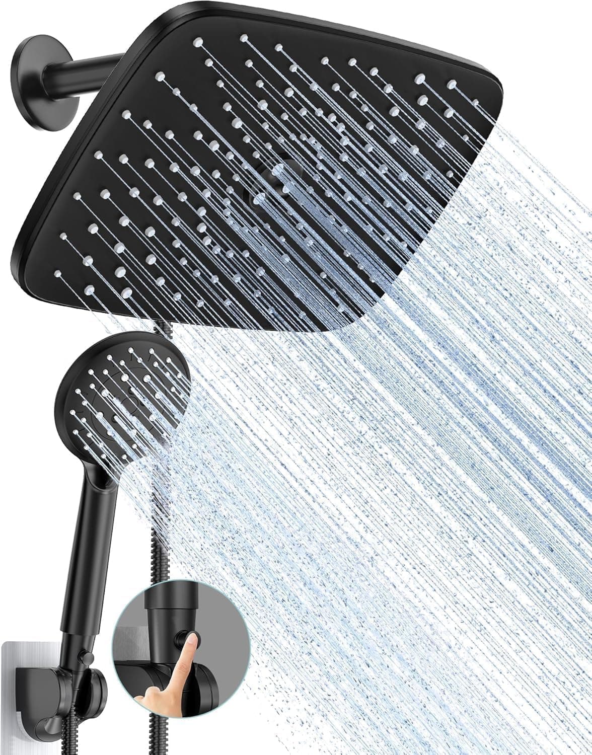 Veken 11.8 Inch Rain Shower Head with Handheld- High Pressure Dual Shower Heads with 5 Modes Handheld Spray Combo- Wide Rainfall Showerhead with Hose, Bathroom Accessories, Matte Black