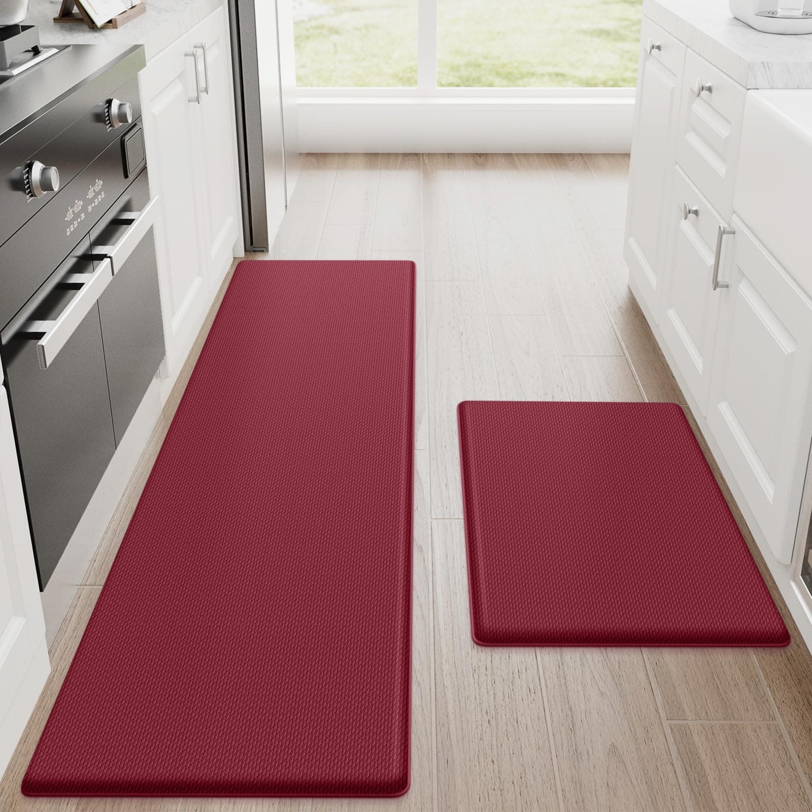 StepRite Kitchen Mats, 2PCS Kitchen Rugs, Cushioned Anti Fatigue Kitchen Mats for Floor, Non-Slip Standing Desk Mat, Waterproof Kitchen Rug Set for Kitchen, Floor, Office, 17.3"x30"+17.3"x59", Red