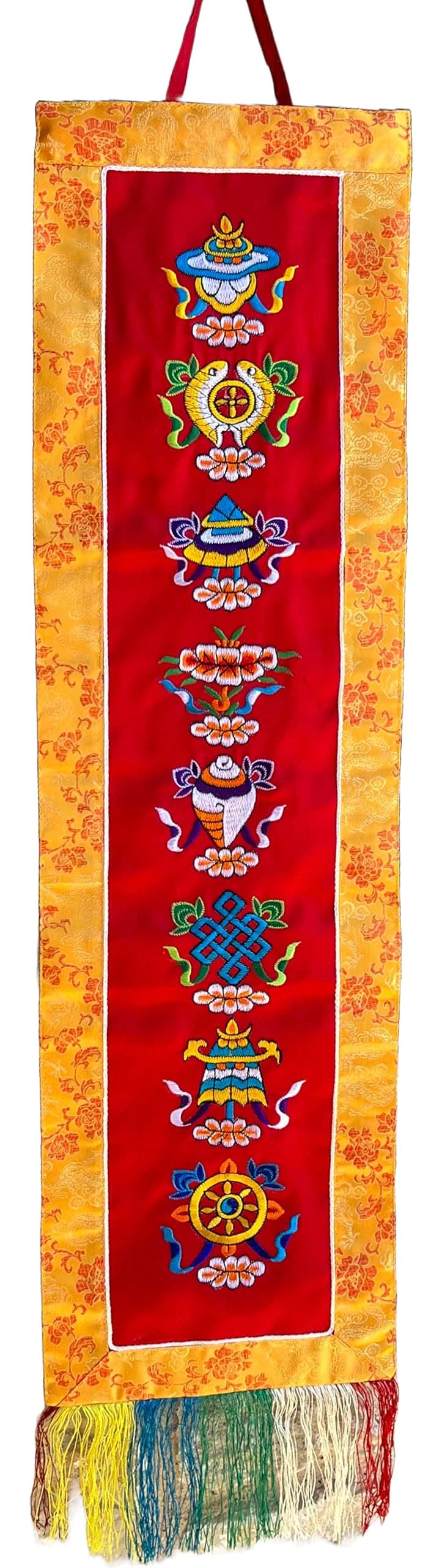 QT Tibetan Buddhist Ashtamangala Vertical Wall Hanging Brocade, Eight Lucky Buddhist Auspicious & Mantra | 22cm X 97cm Long | Handmade in Nepal