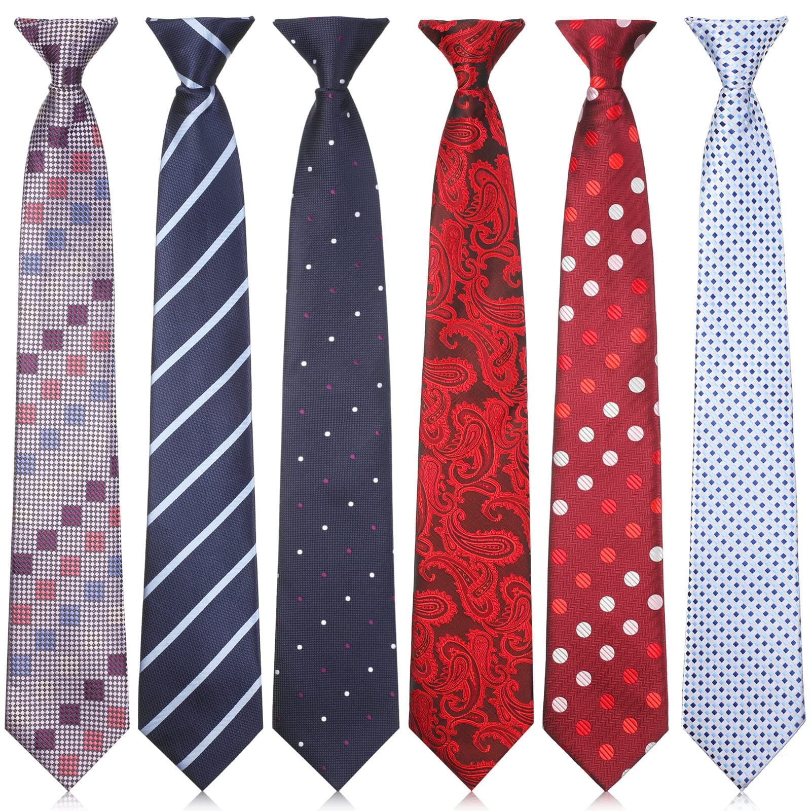 6 Pcs Clip on Tie for Men Clip on Necktie Striped Solid Plaid Dots Mixed Lot Tie for Wedding Office School, 20 Inch