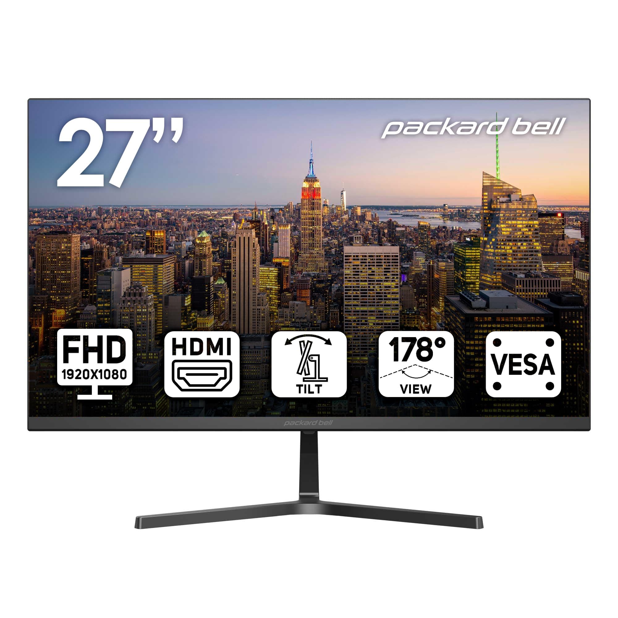 Packard Bell airFrame 27" FHD Monitor, 1920x1080, Ultrawide, VESA Mount Compatible, Tilt Adjustment, HDMI/VGA, Slim Bezel, for Home, Office, and Light Gaming