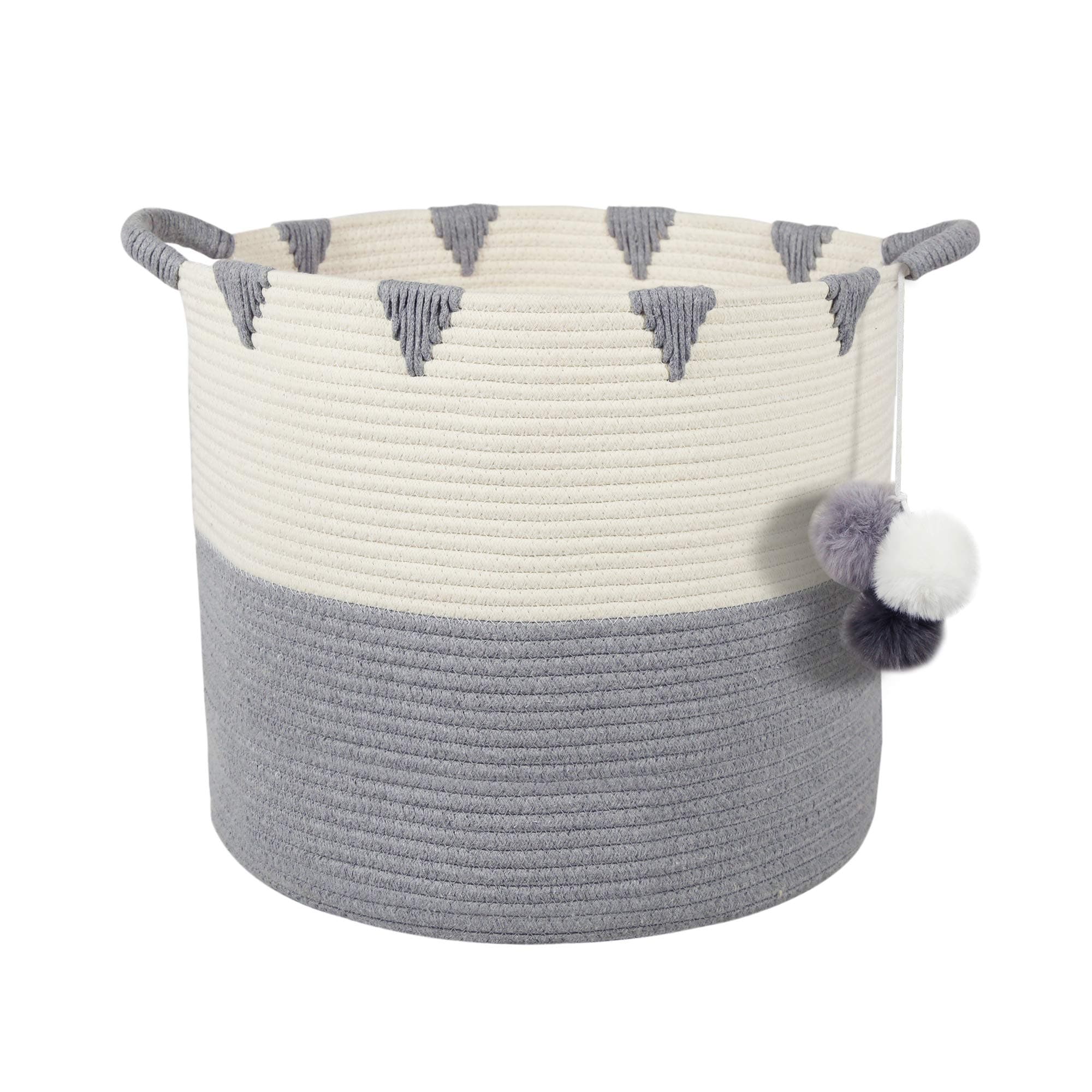 Solaya Large Cotton Rope Basket Storage with Handles - Chevron Grey Woven Toy Storage Basket for Laundry Hamper, Diapers, Nursery, Toys, Towels (17"x15")