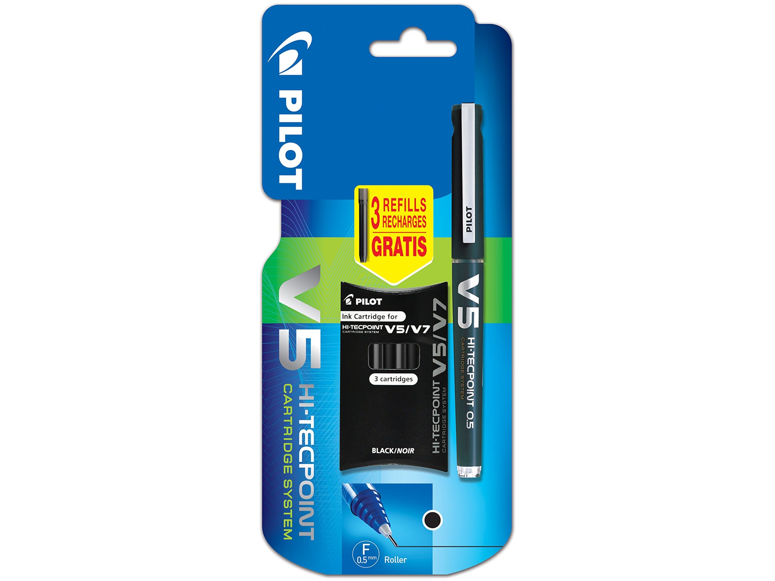 V5 Cartridge System Liquid Ink Rollerball, 0.5 mm Tip Single Pen with 3 Free Refills - Black