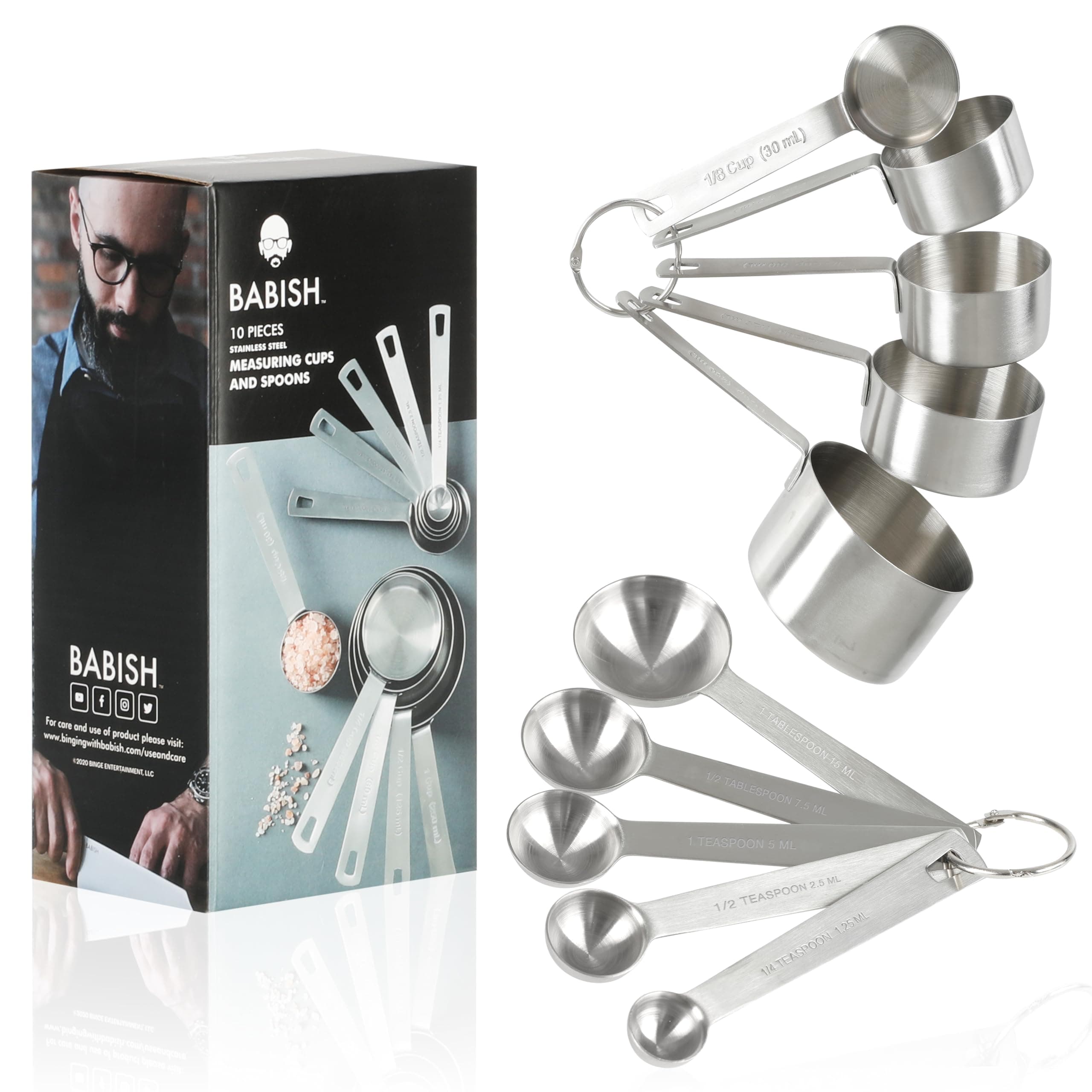 Babish 10-Piece Stainless Steel Measuring Cups and Spoons Set – Heavy-Duty, Rust-Resistant Baking and Cooking Measurement Tools