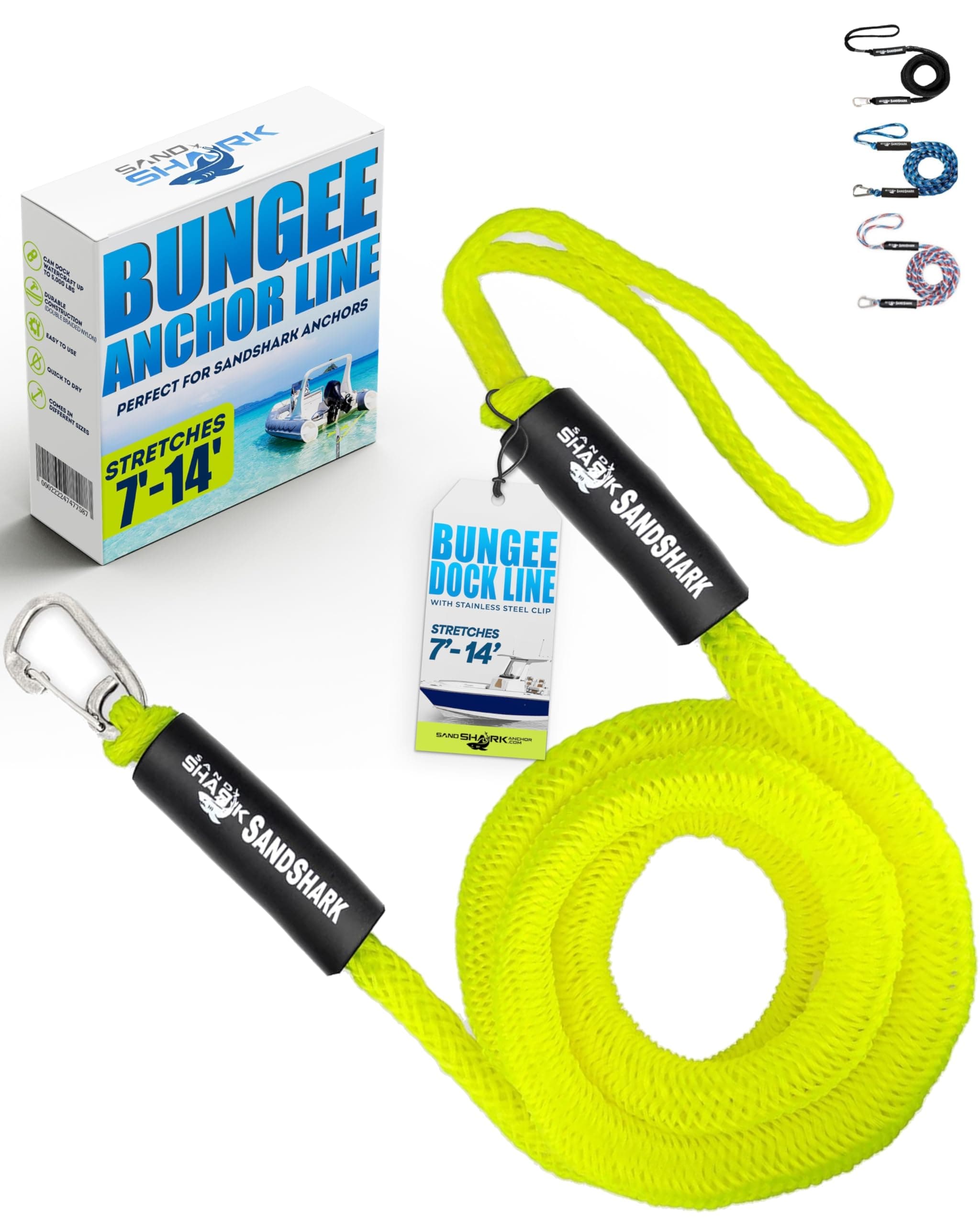 Sand Shark Sandsharkanchor.Com Stretches 7-14Ft Premium Anchor Bungee Dock Line. Absorbs Shock To Anchors Docks W/Stainless Steel Clip. Designed For S Anchors, 7-14 Neon Green (Bun-Doc-714-Green)